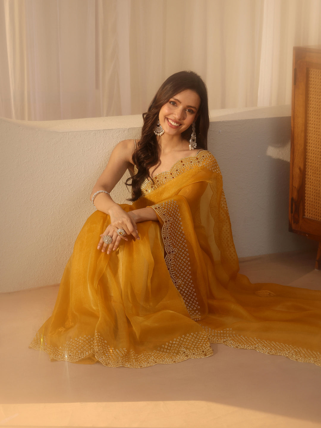  Mustard Bead Work Tissue Saree 