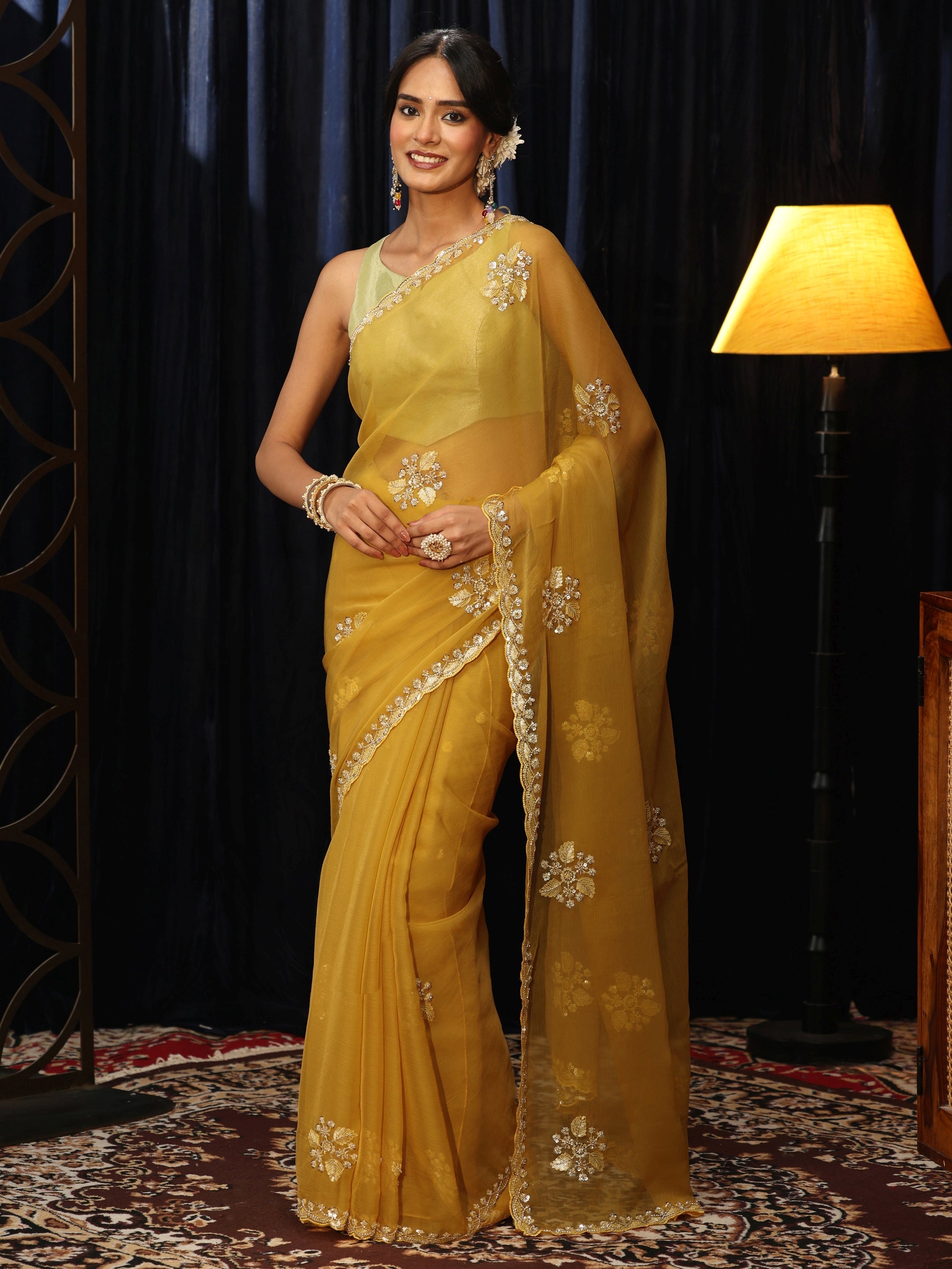 Libas Mustard Chiffon Saree with Embellished Floral Motifs-picture-27