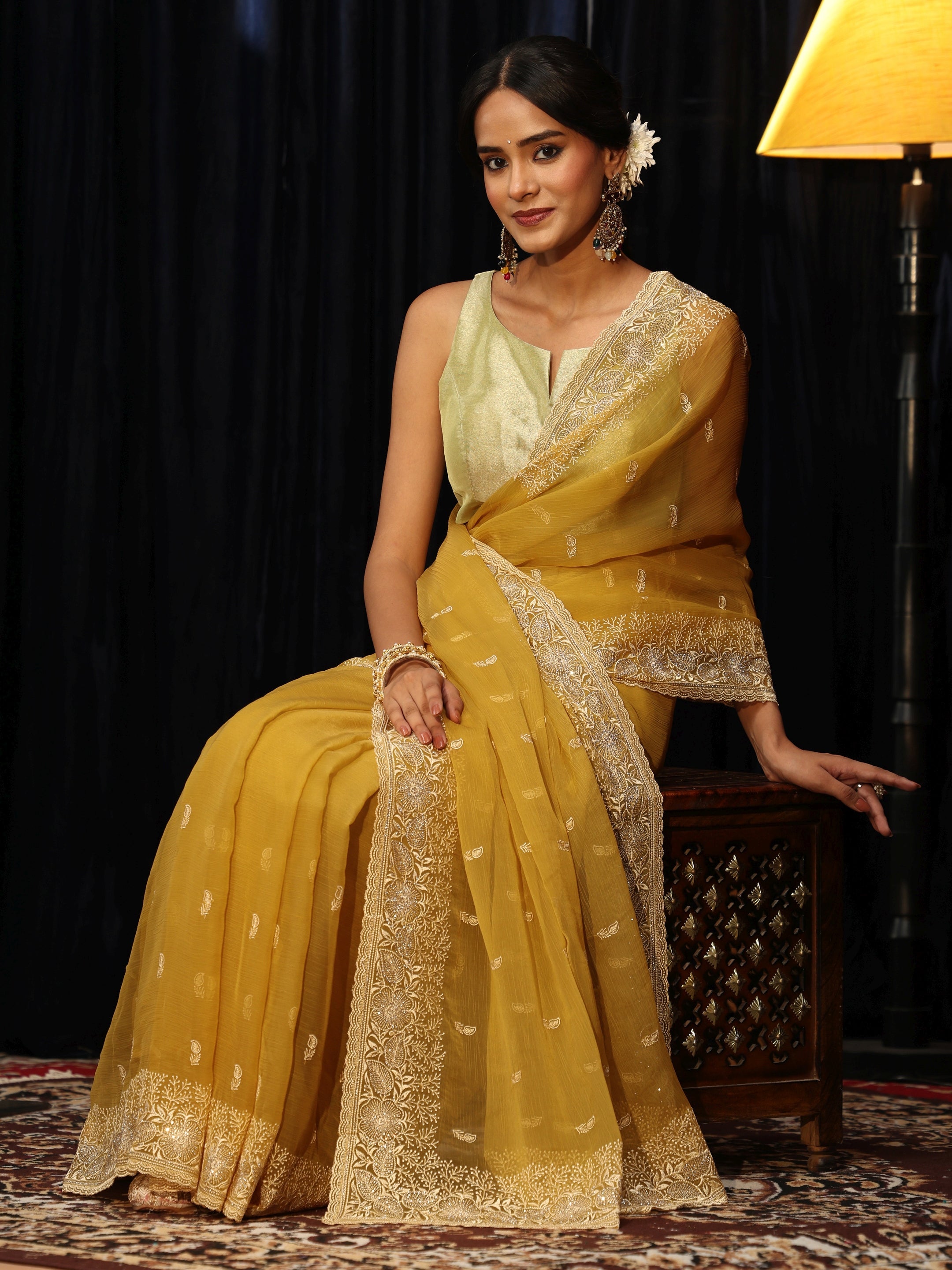 Libas Mustard Chiffon Saree with Floral Border-picture-23
