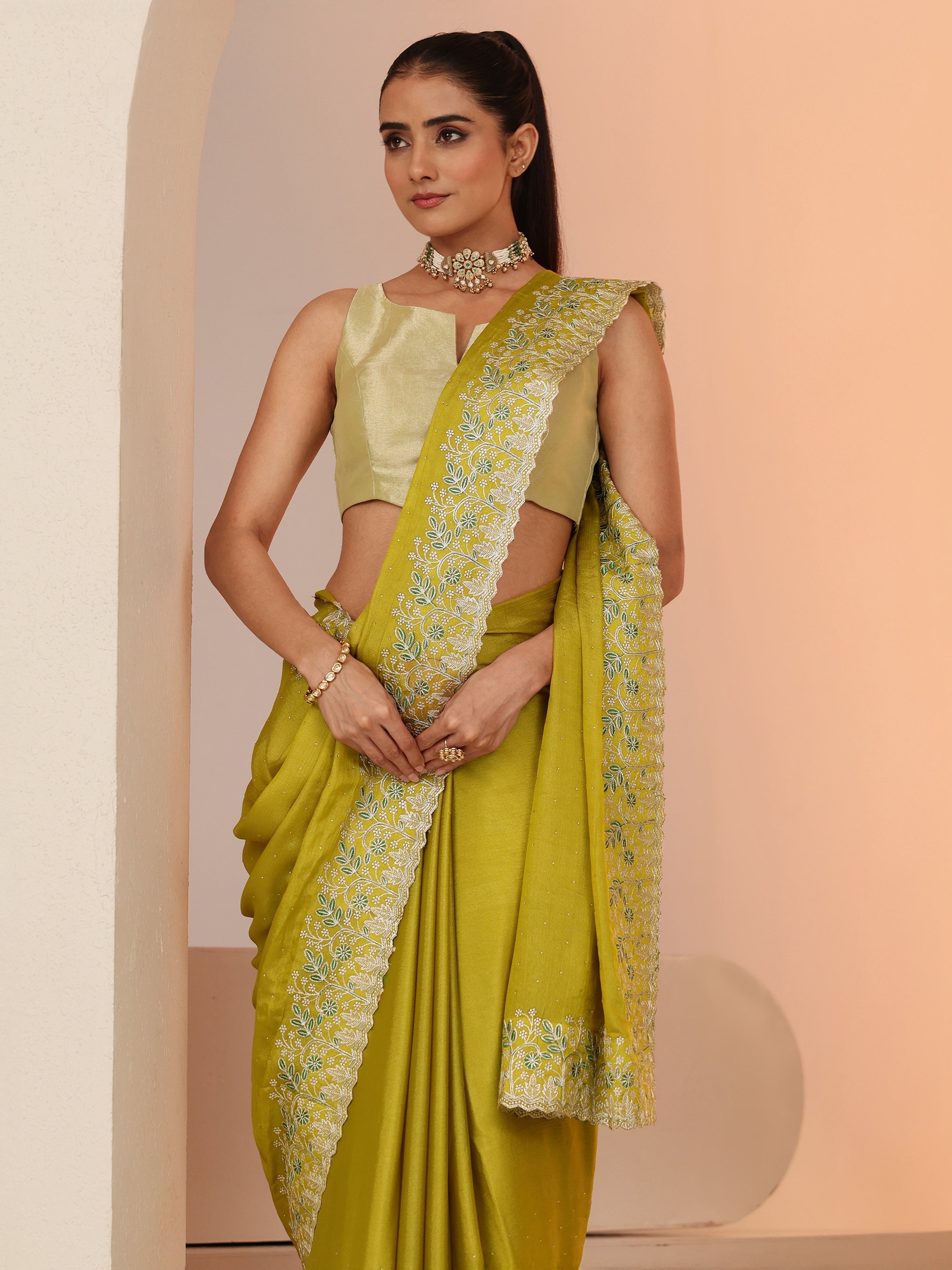 libas Mustard Embellished Chiffon Saree with Floral Border-picture-67