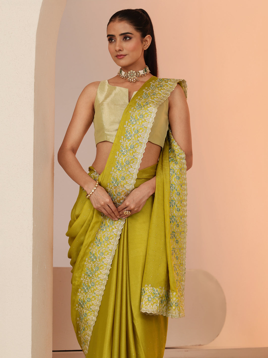  Mustard Embellished Chiffon Saree with Floral Border 