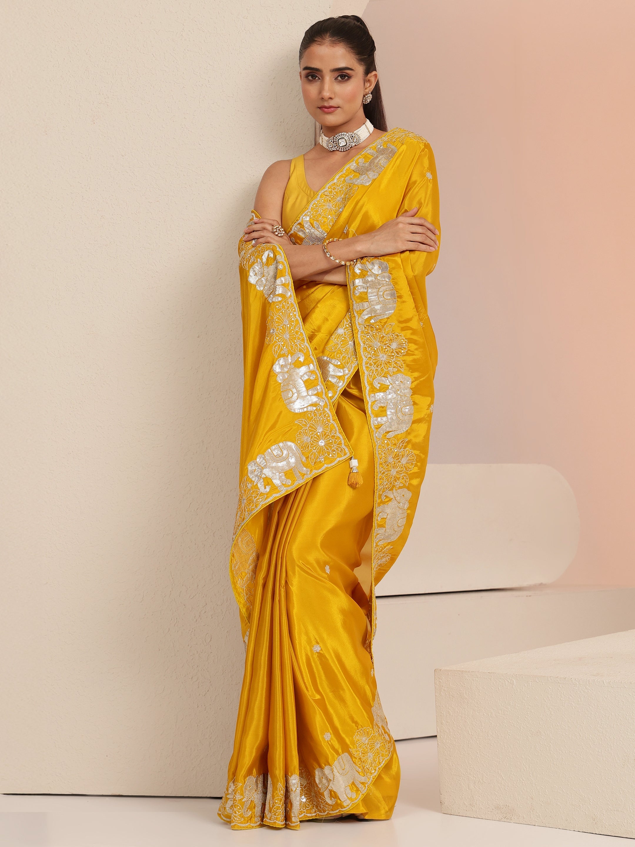 Mustard Embellished Satin Saree with Gaja Motif Border-image-32