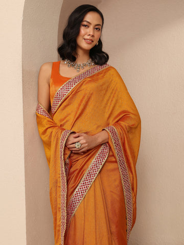 Mustard Embellished Silk Blend Saree With Unstitched Blouse Piece