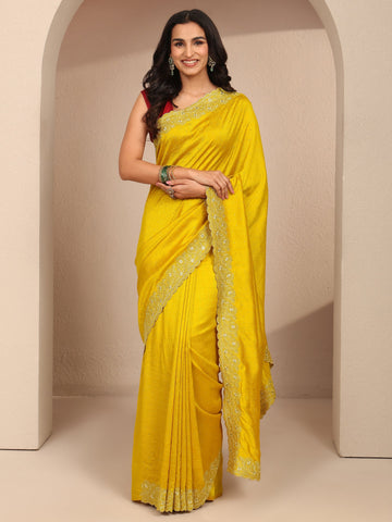 Mustard Embellished Silk Blend Saree With Unstitched Blouse Piece