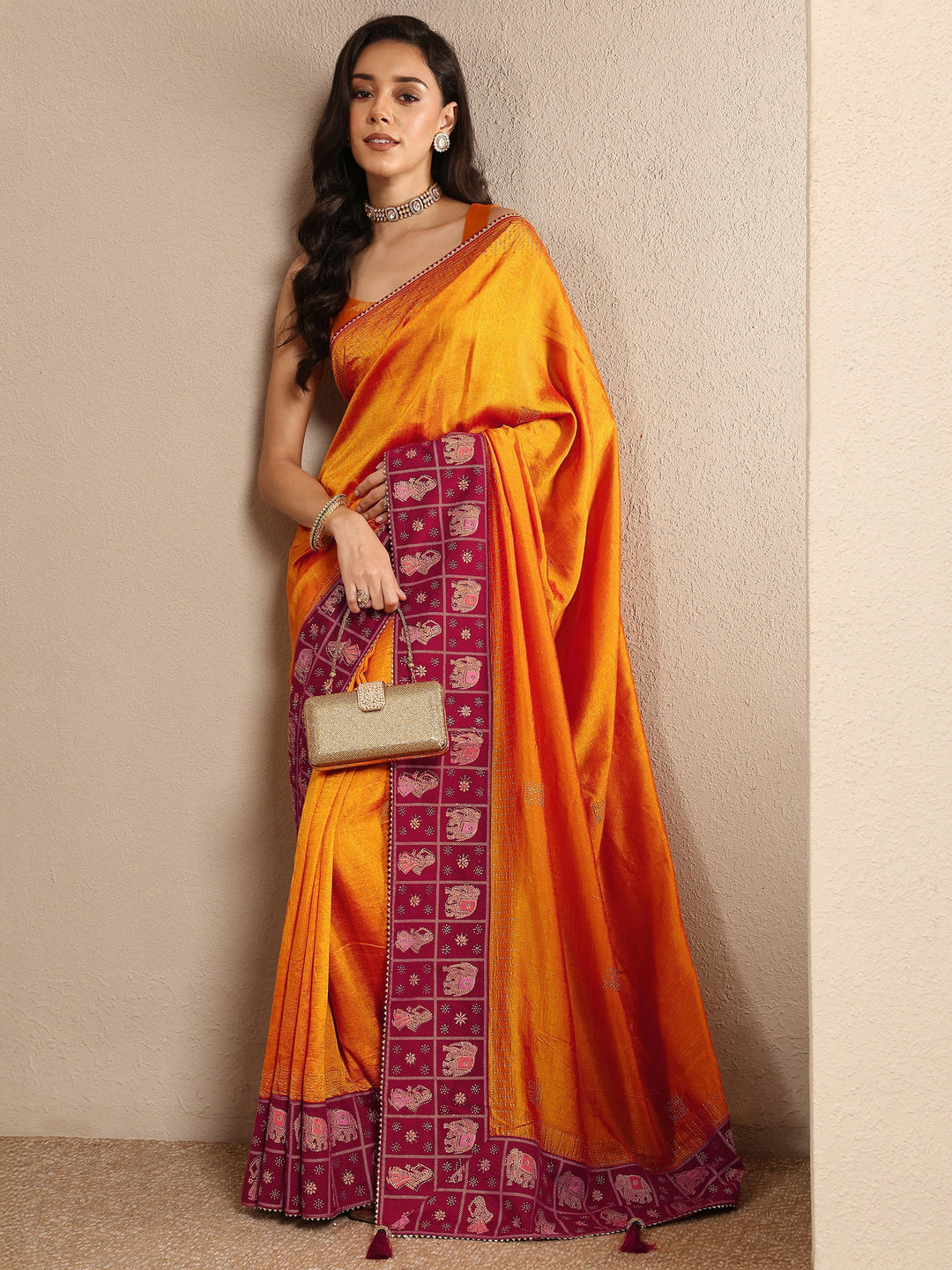 Mustard Embellished Silk Blend Saree With Unstitched Blouse Piece