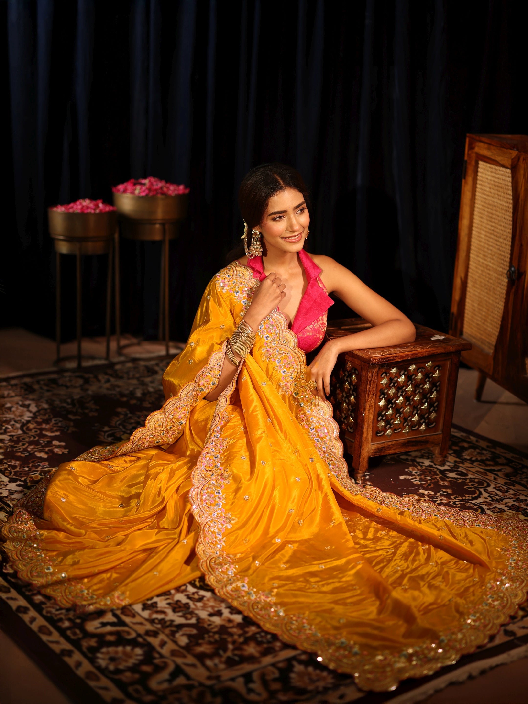 Libas Mustard Embroidered Floral Border Silk Blend Saree-picture-23