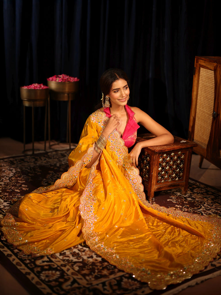 Libas Mustard Embroidered Floral Border Silk Blend Saree