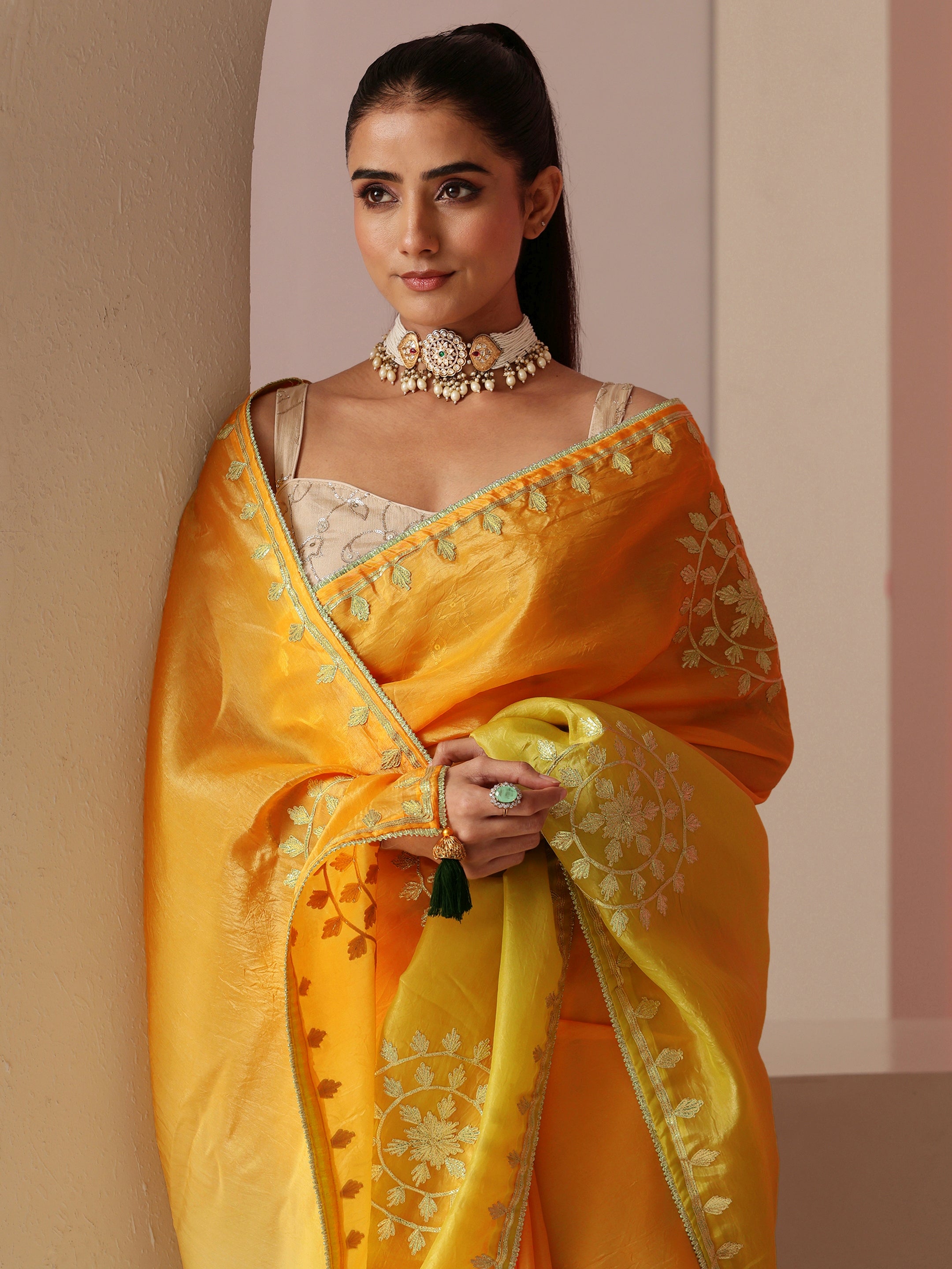 libas Mustard Ethnic Embroidered Ombre Satin Saree-picture-27
