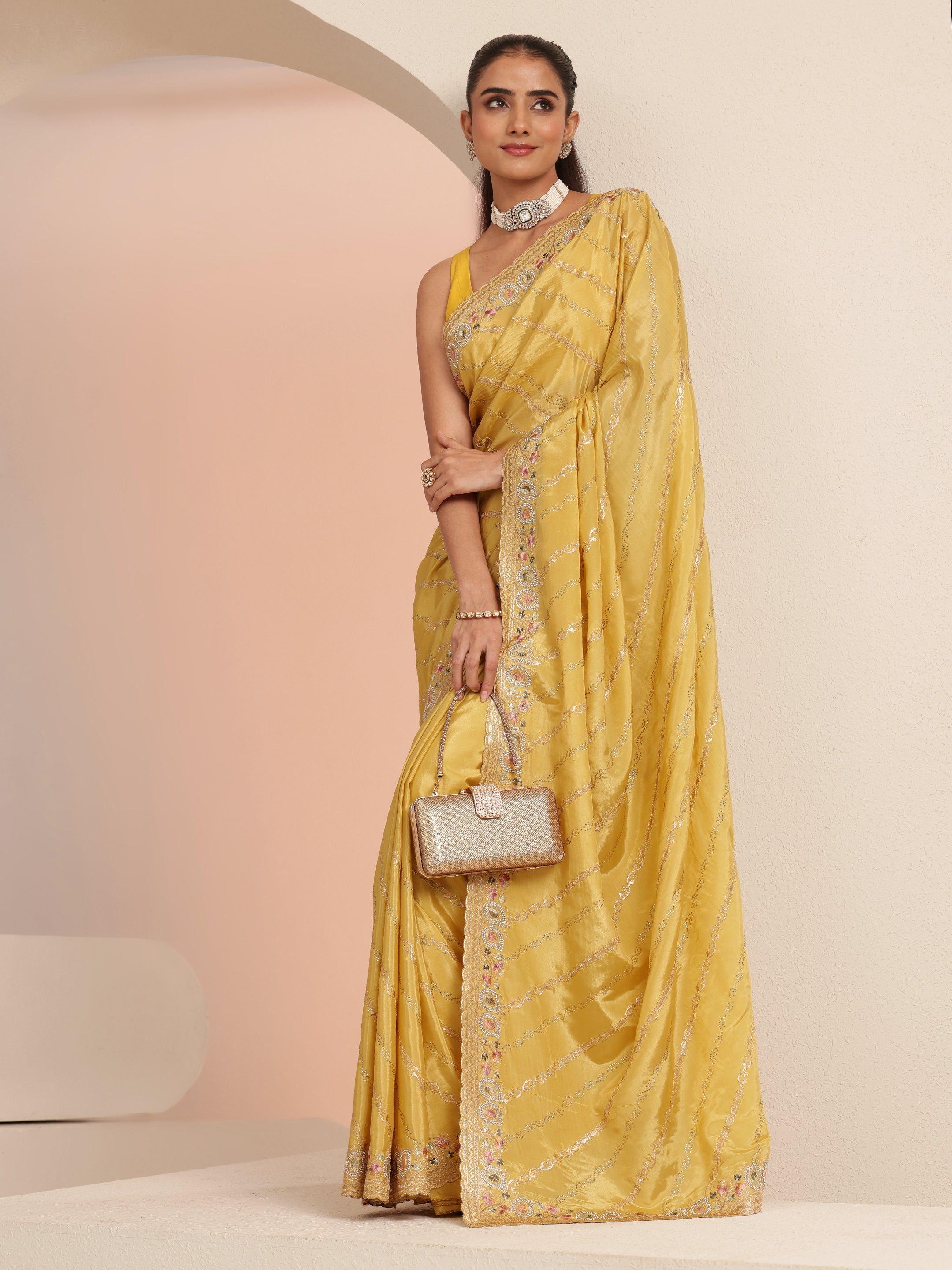 Libas Mustard Ethnic Embroidered Satin Saree-picture-36