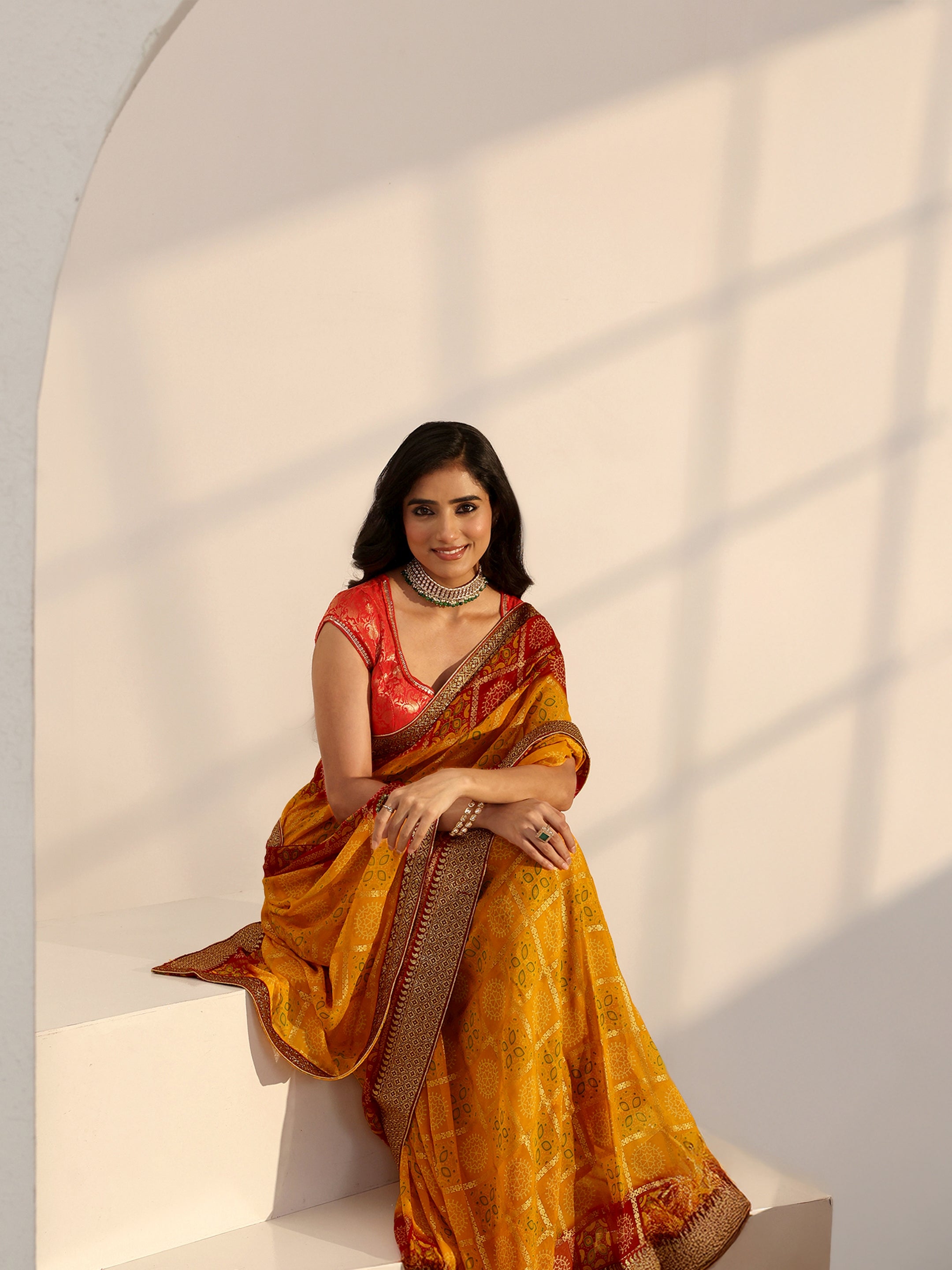 libas Mustard Ethnic Motif Printed Georgette Pre Draped Saree-picture-41