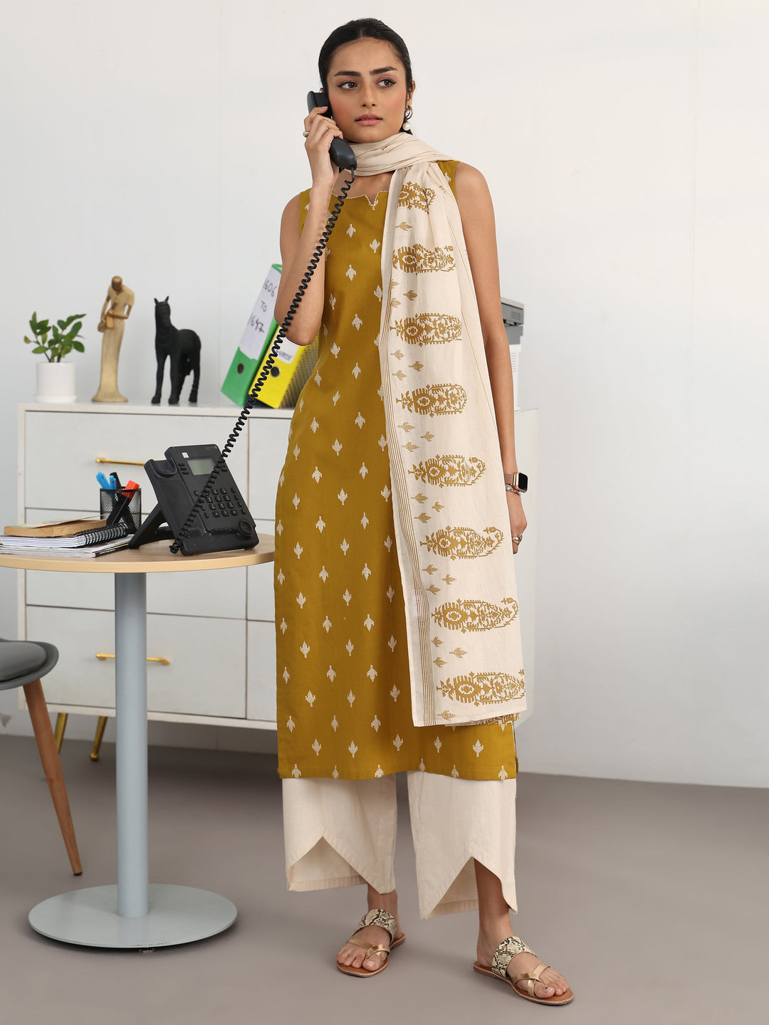  Mustard Ethnic Motifs Printed Cotton Blend Straight Suit Set With Dupatta 