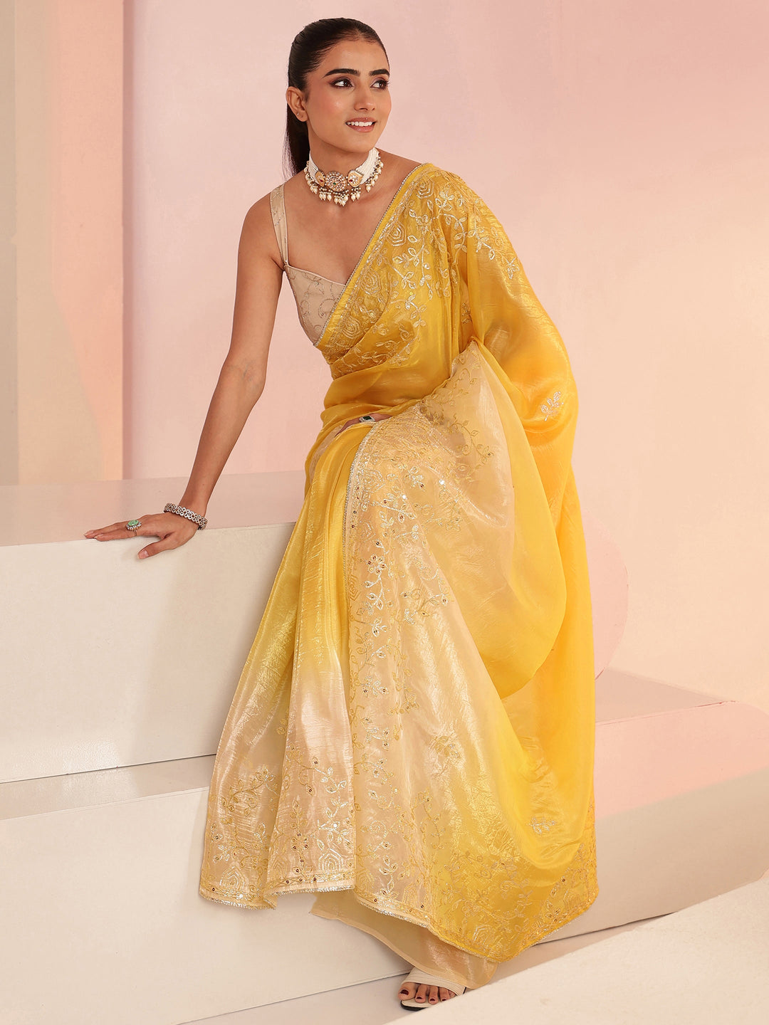  Mustard Floral Embellished Ombre Satin Saree 