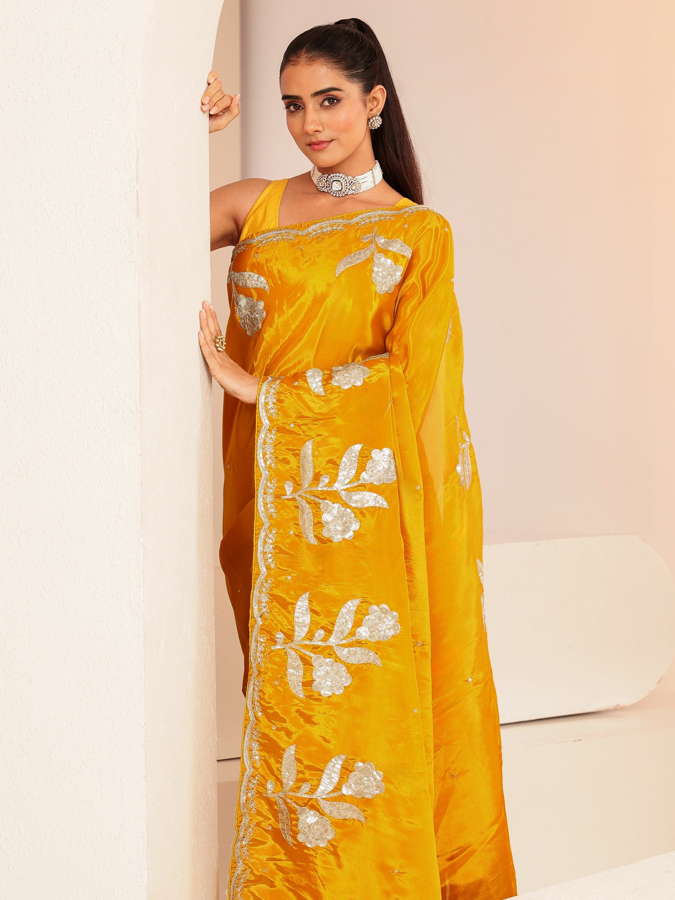 libas Mustard Floral Embellished Satin Saree-picture-17