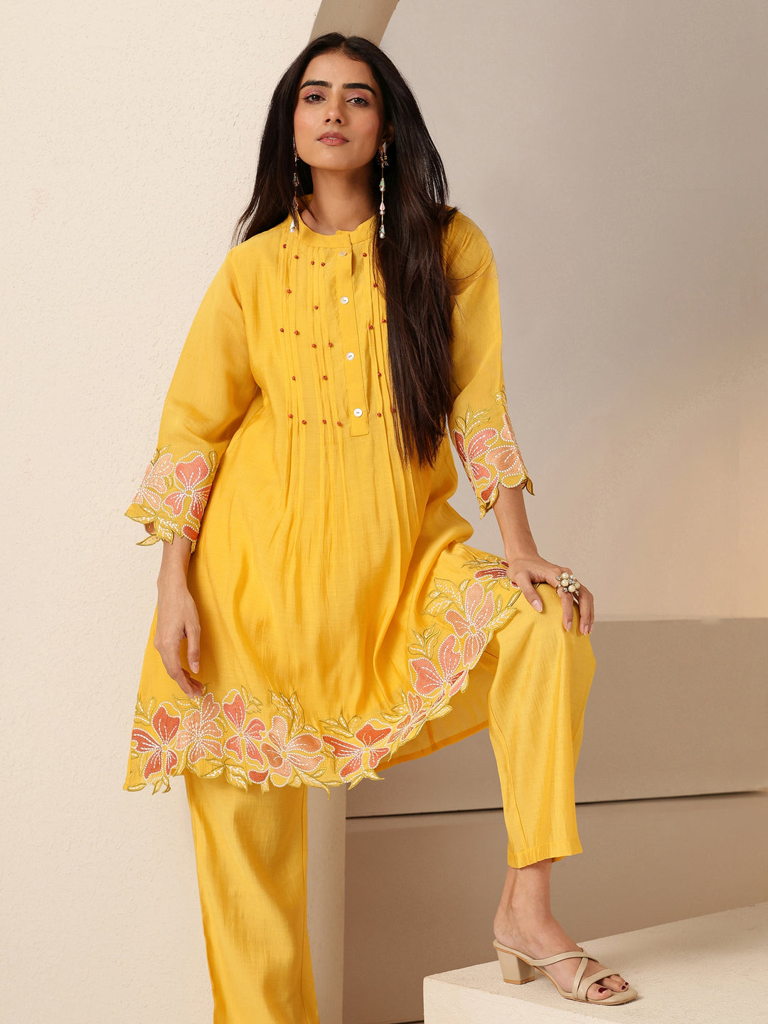  Mustard Floral Embroidered Chanderi Cotton Co-ord Set 