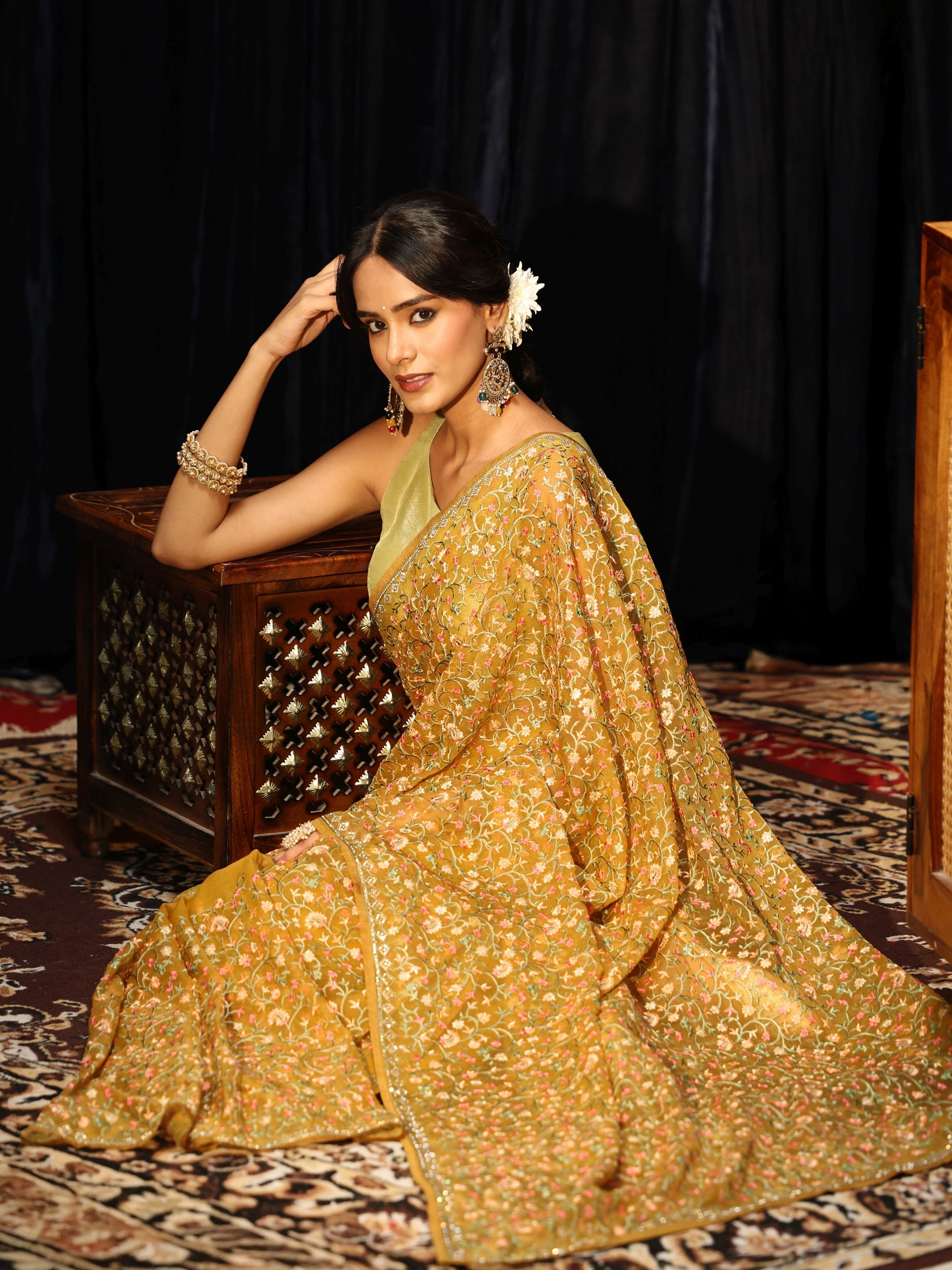 Libas Mustard Floral Embroidered Chiffon Saree-picture-33