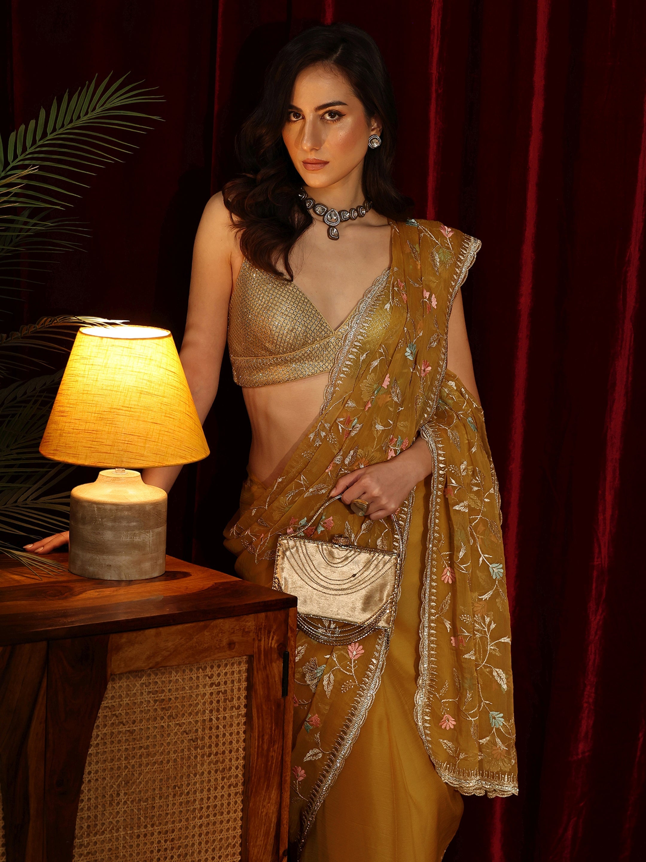 Libas Mustard Floral Embroidered Chiffon Saree-picture-36