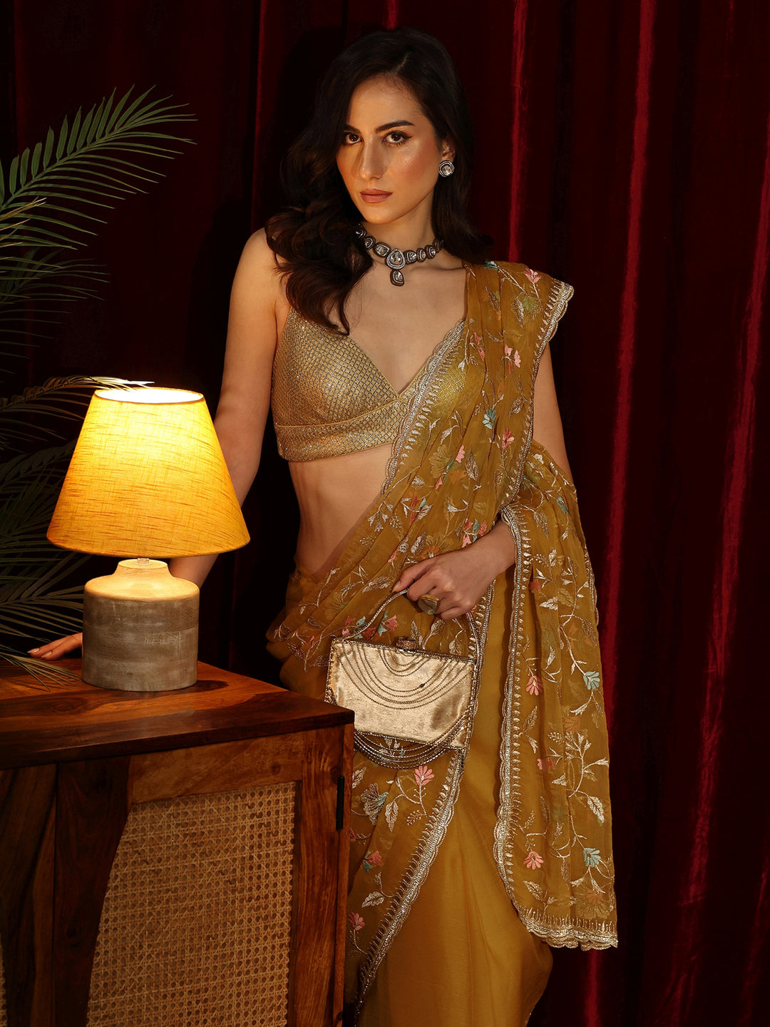  Mustard Floral Embroidered Chiffon Saree 