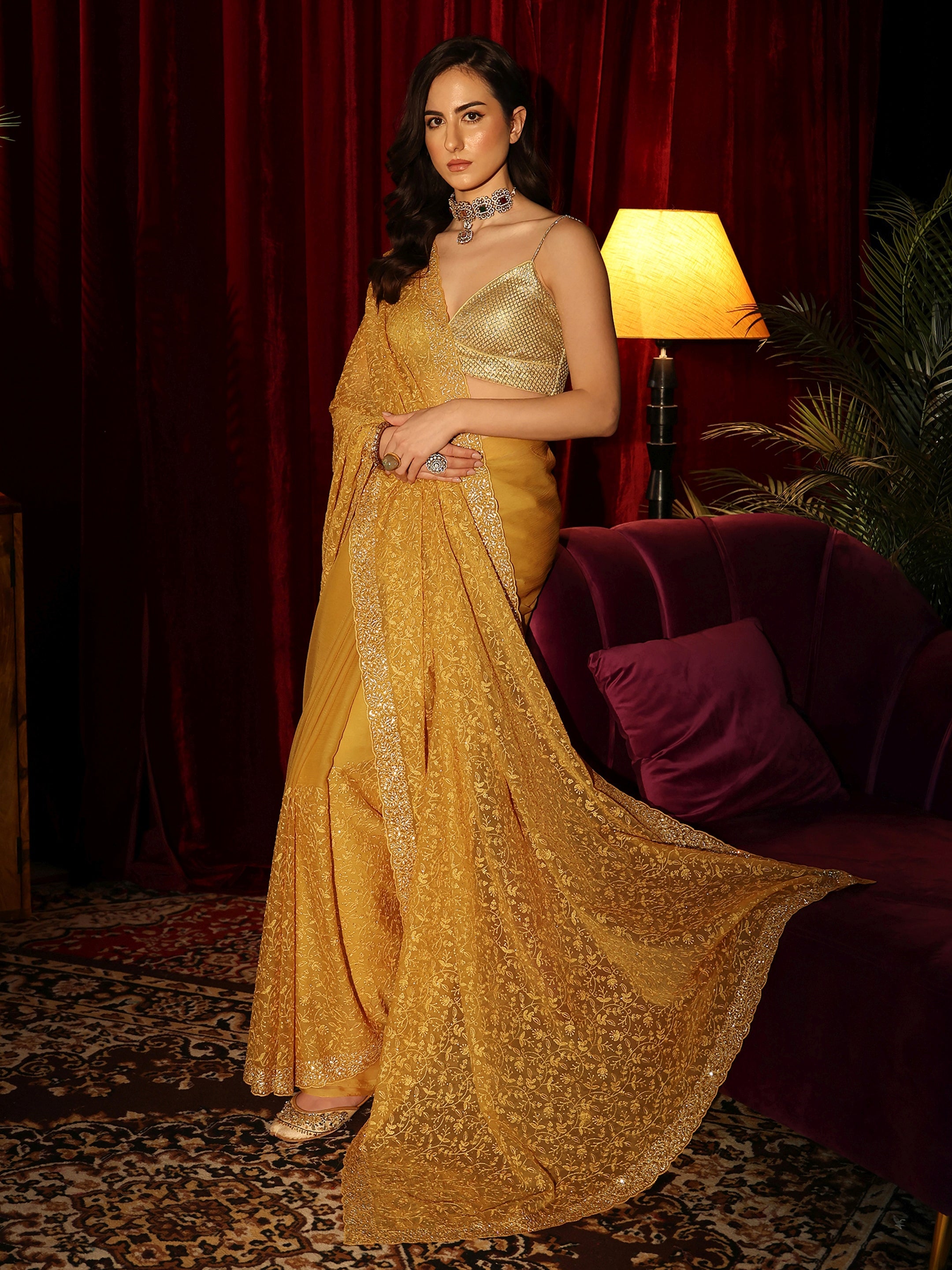 Libas Art Mustard Floral Embroidered Chiffon Saree-picture-36