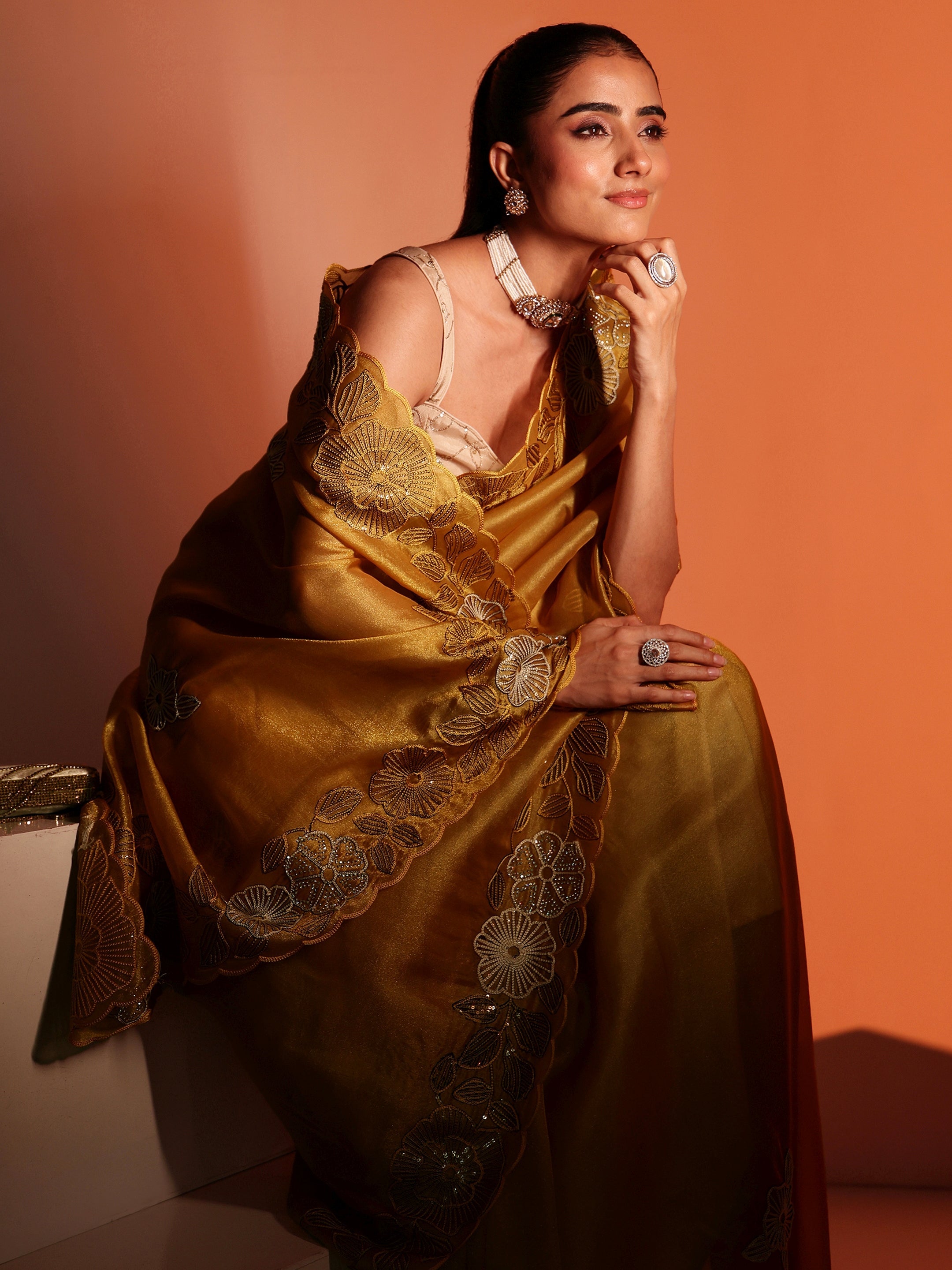libas Mustard Floral Embroidered Net Saree-picture-34