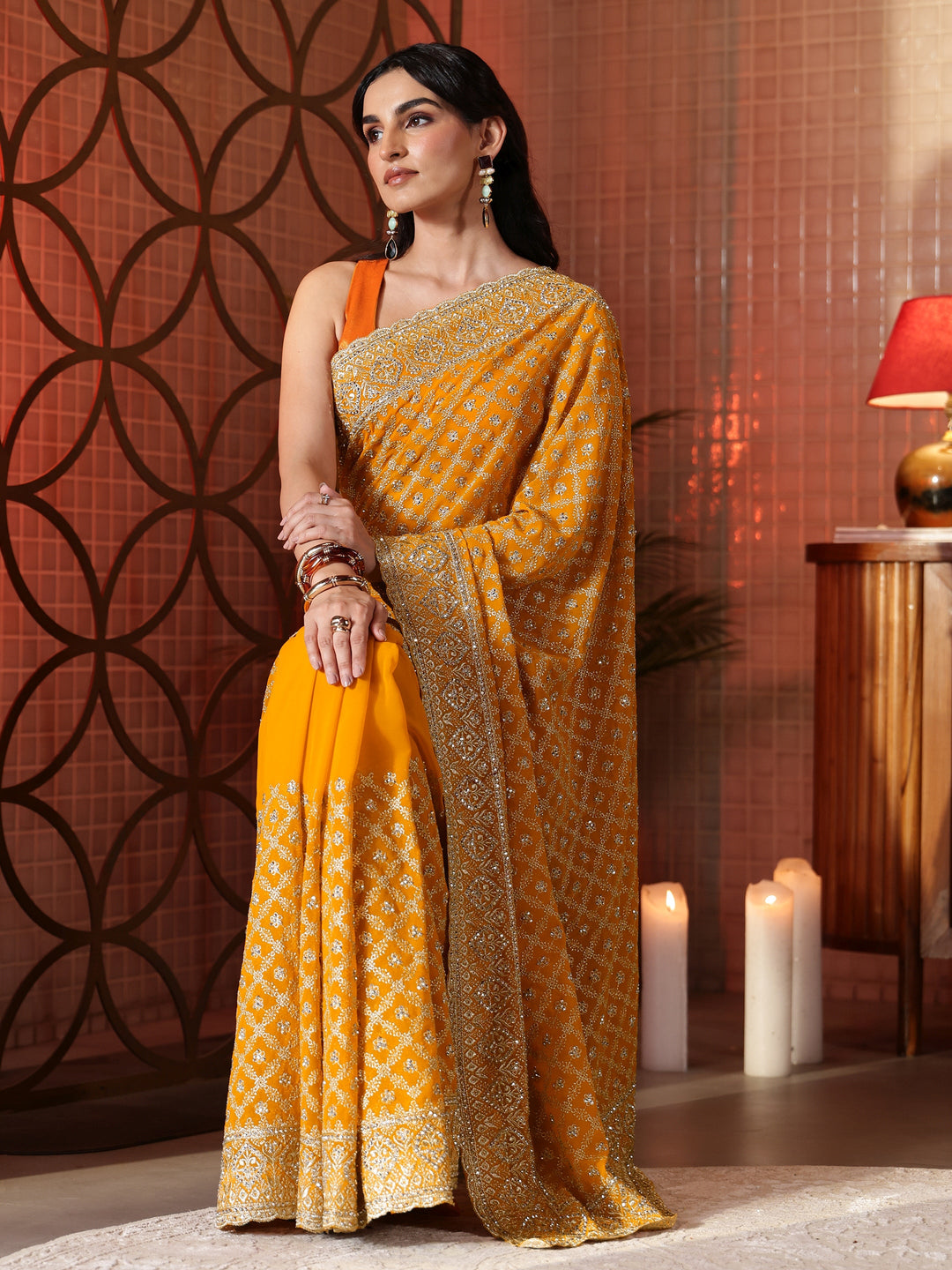  Mustard Floral Embroidered Satin Saree 