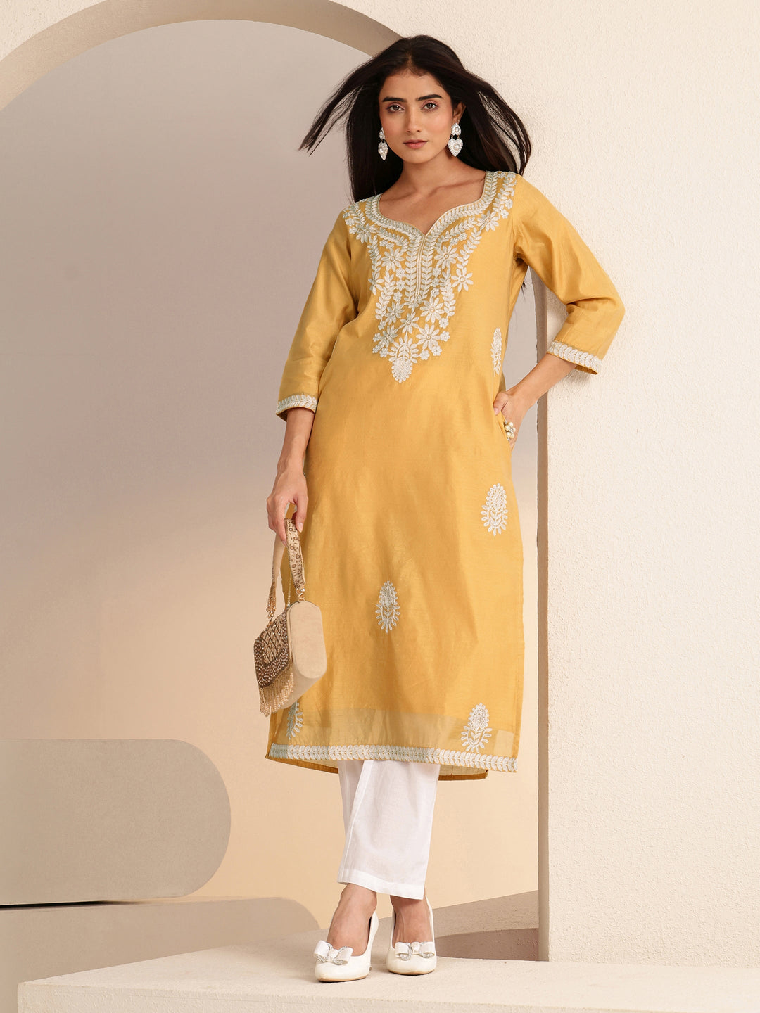  Mustard Floral Embroidered Silk Blend Straight Kurta 