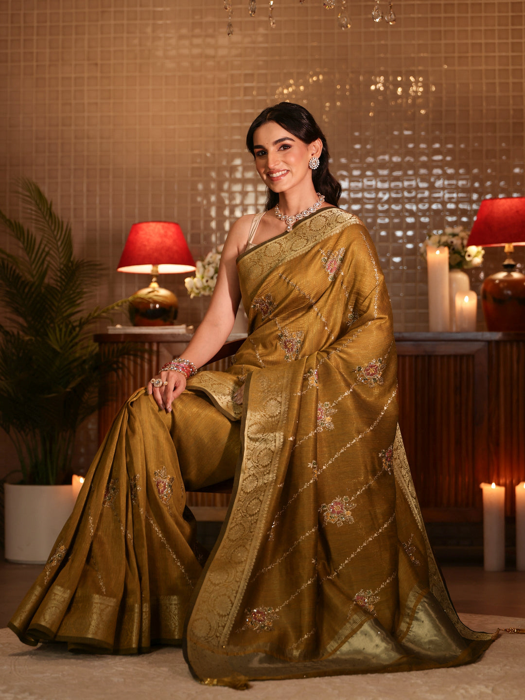  Mustard Floral Embroidered Silk Blend Saree 