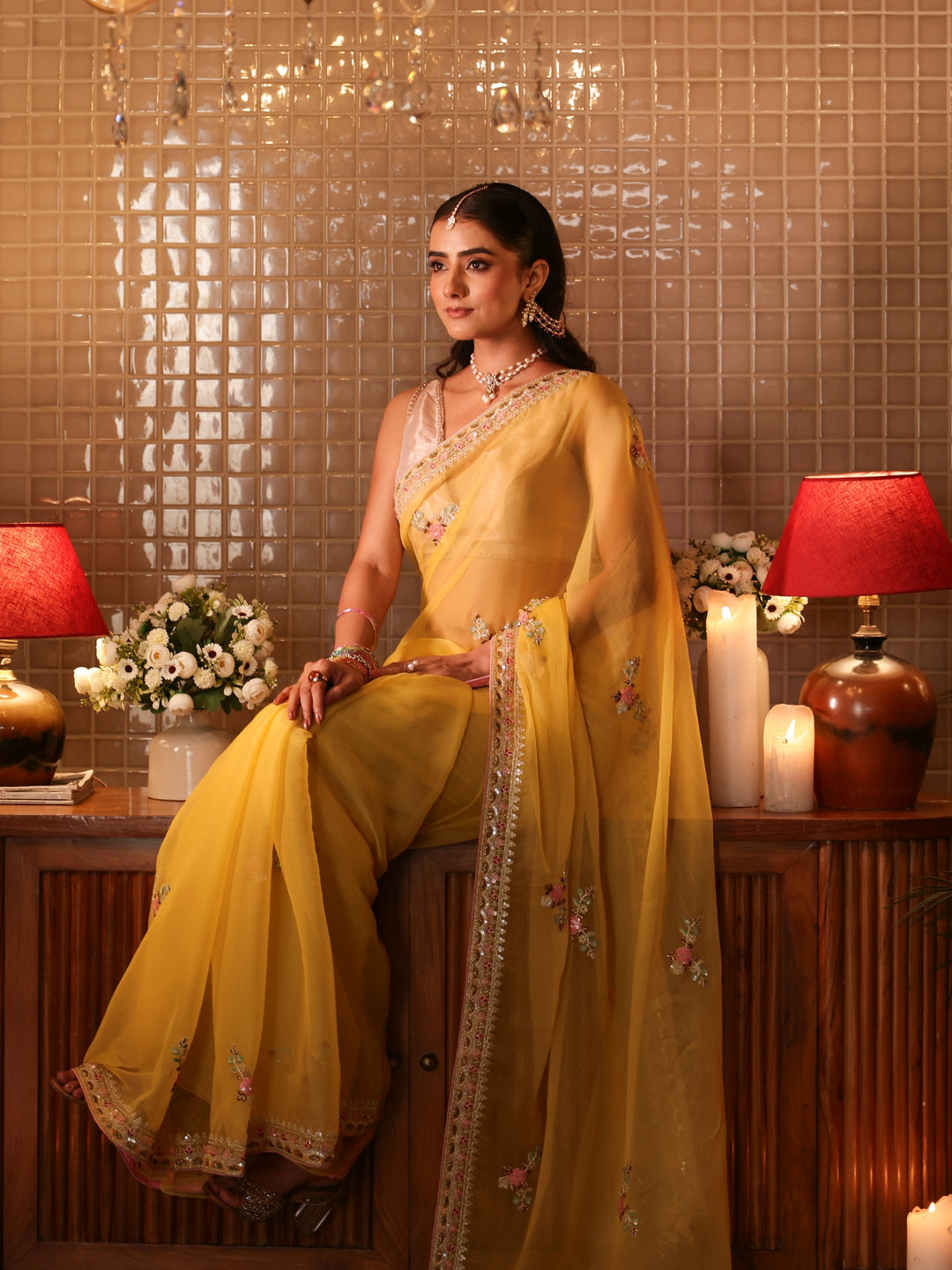  Mustard Floral Embroidered Silk Blend Saree 
