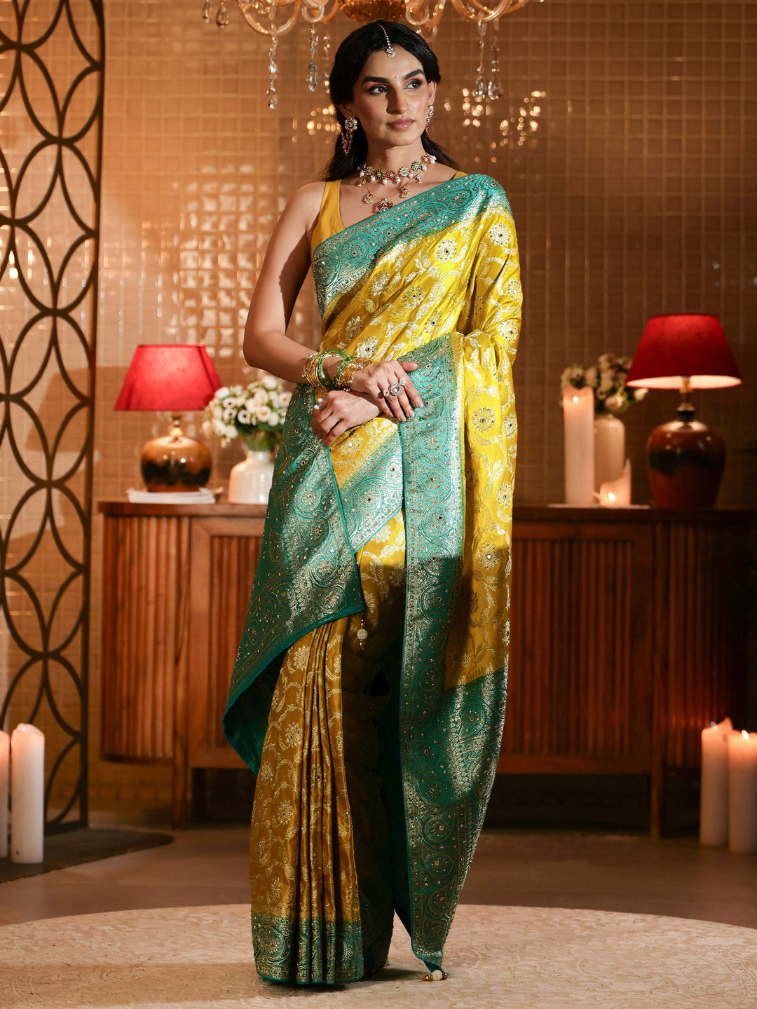  Libas Art Mustard Floral Woven Design Silk Blend Saree 