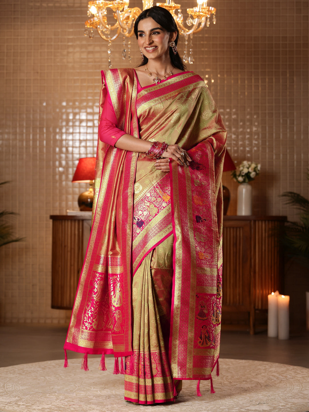  Mustard Floral Woven Design Silk Blend Saree 