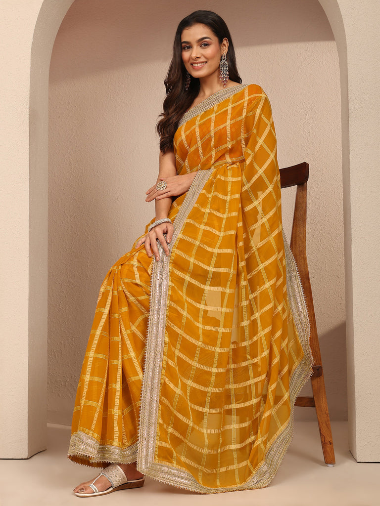 Libas Mustard Geometric Woven Design Silk Blend Saree With Unstitched Blouse Piece