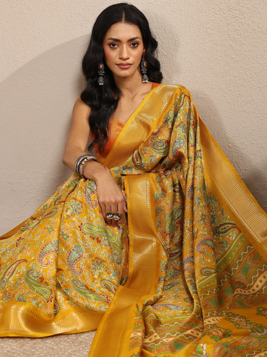 Mustard Paisley Printed Silk Blend Saree With Unstitched Blouse Piece