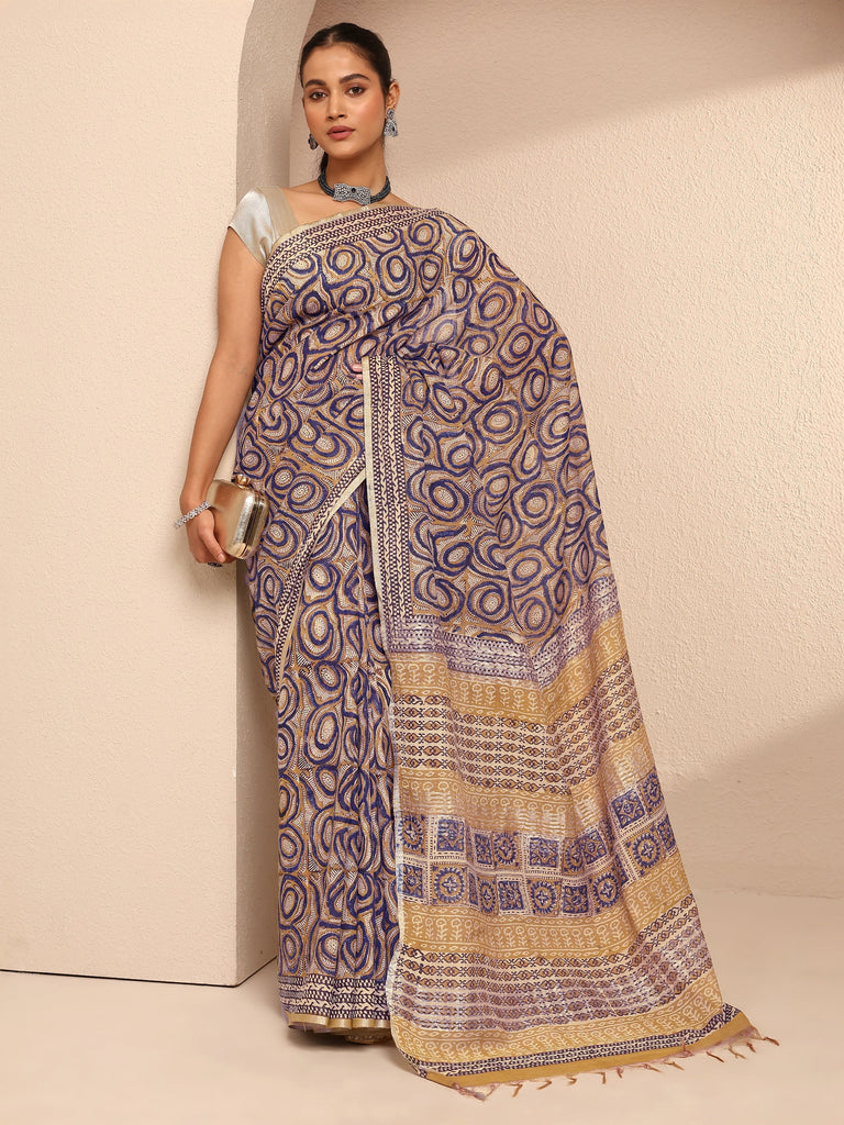 Libas Mustard Printed Cotton Saree With Unstitched Blouse Piece