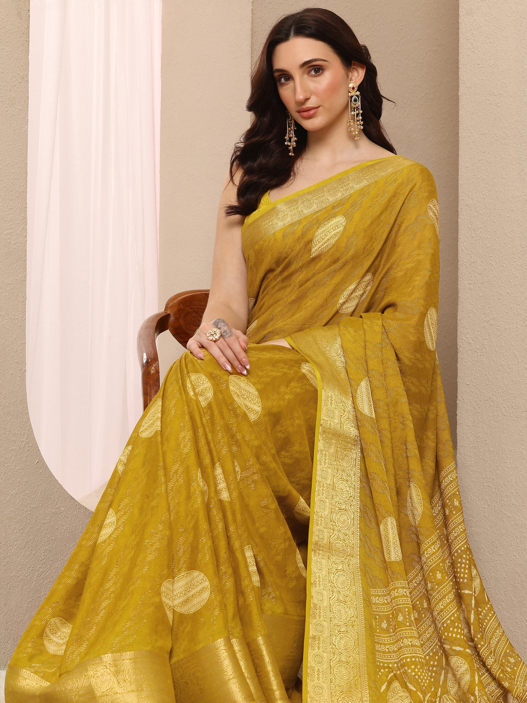  Mustard Printed Georgette Saree With Unstitched Blouse Piece 