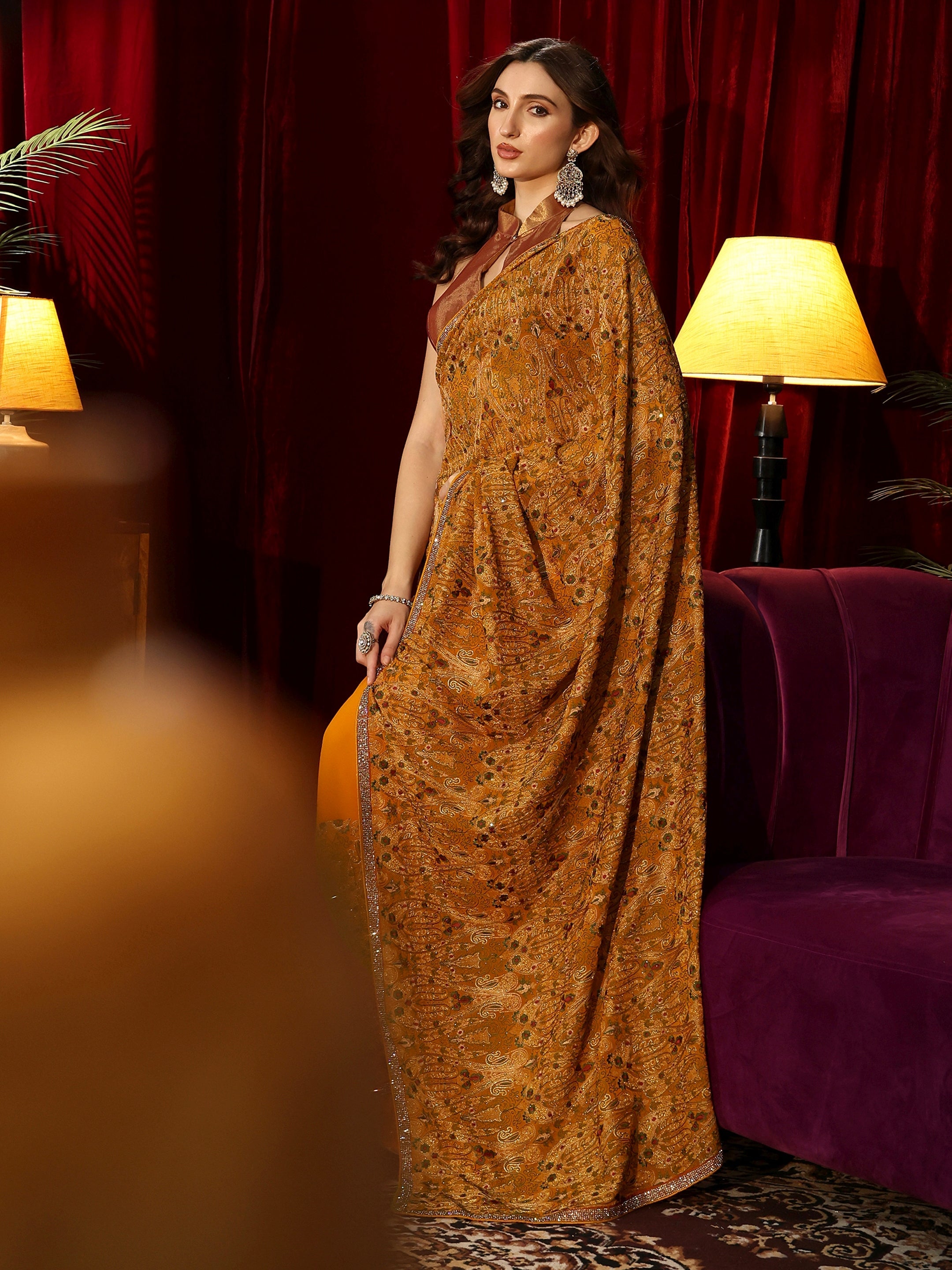 Libas Art Mustard Printed Georgette Saree with Embellished Border-picture-17