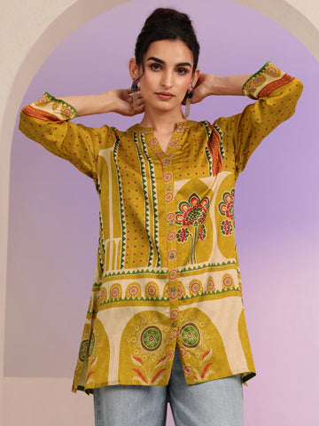 Libas Mustard Printed Straight Silk Blend  Short kurti