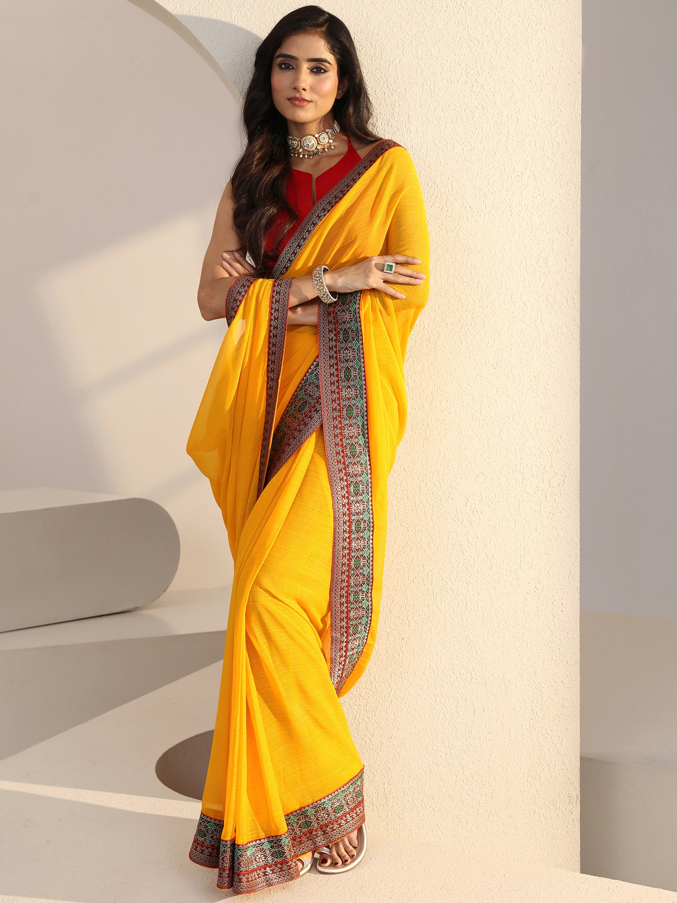 libas Mustard Solid Chiffon Pre Draped Saree-picture-47