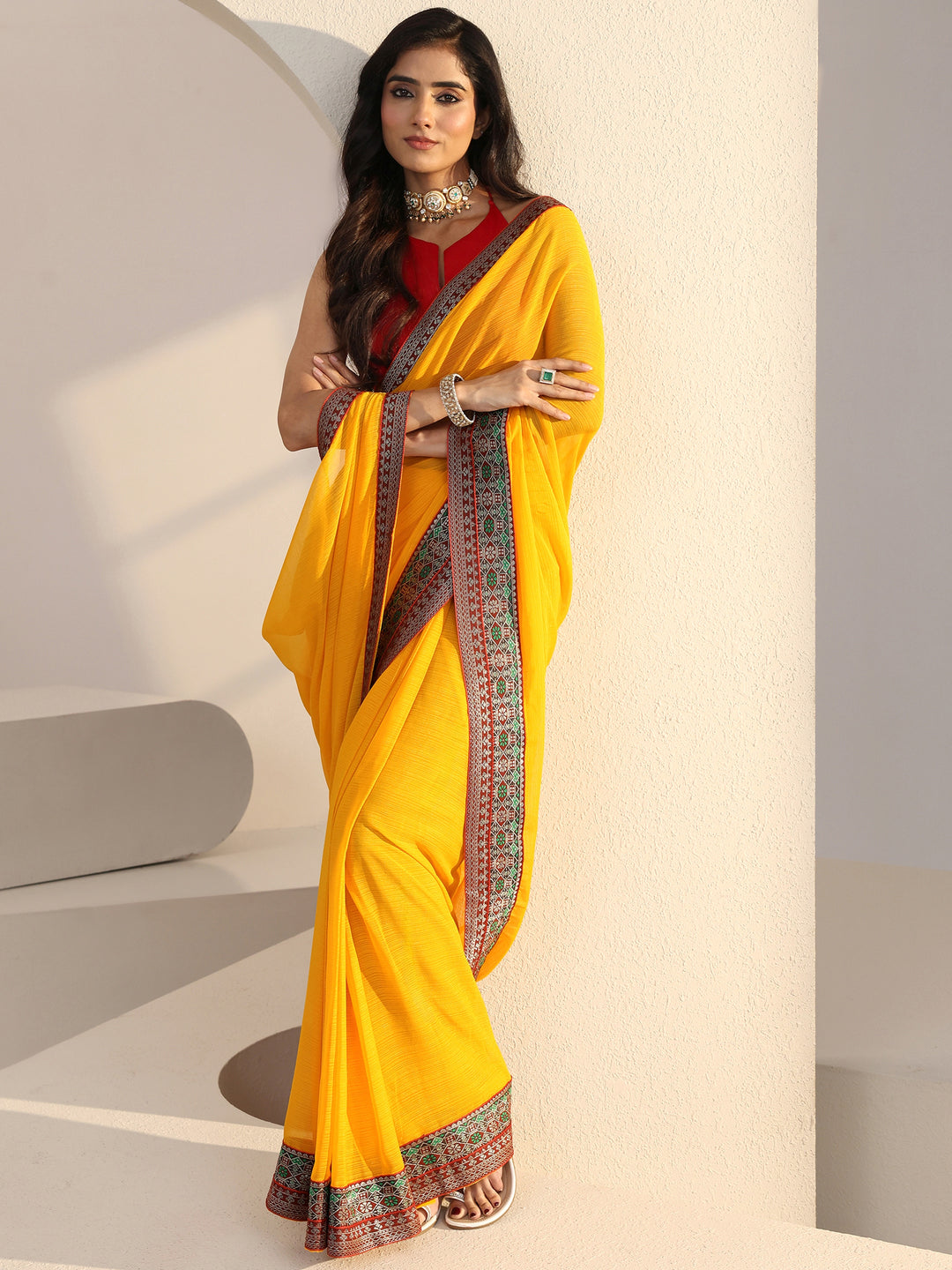  Mustard Chiffon Pre Draped Saree 
