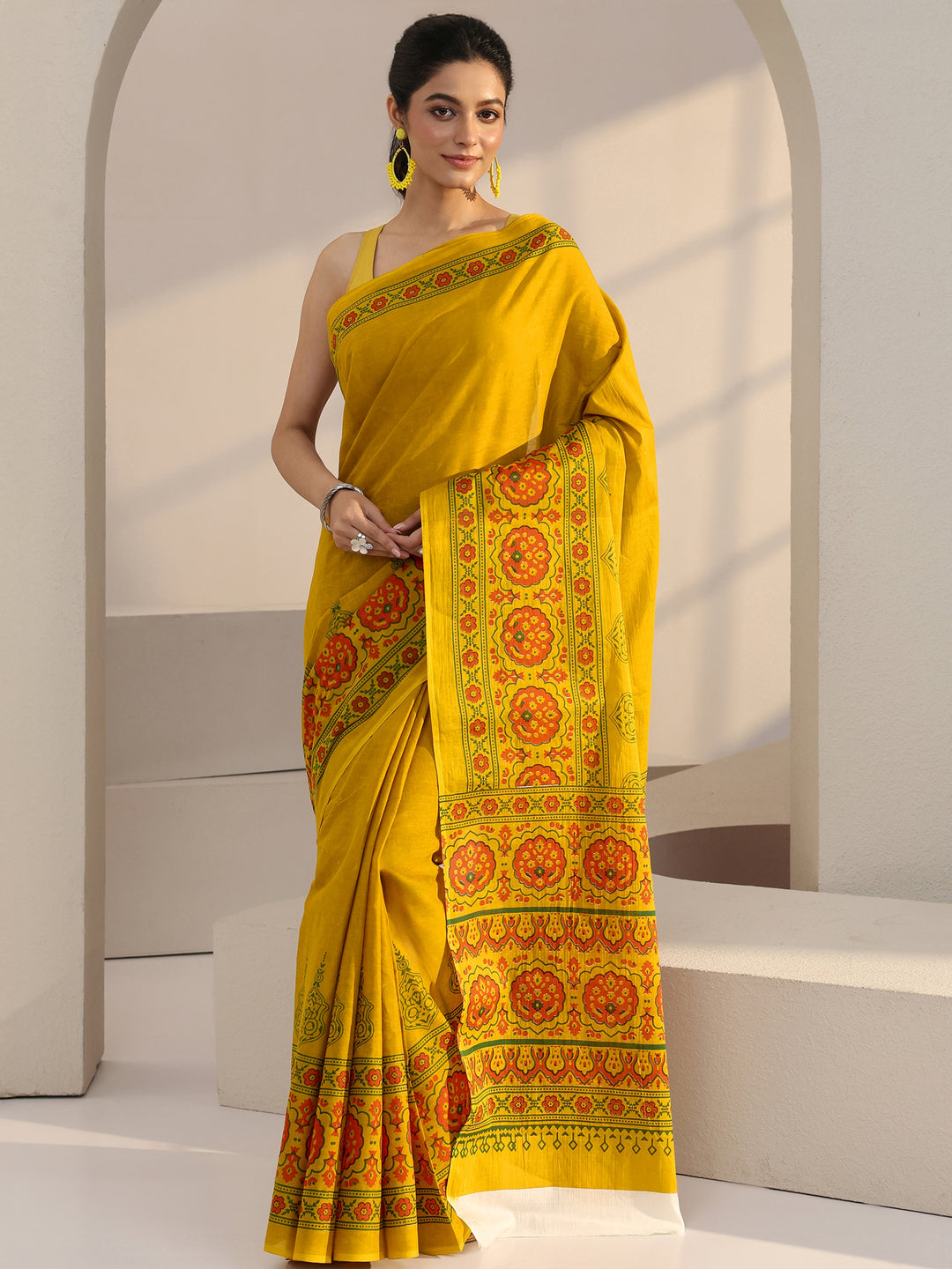  Mustard Block Print Cotton Saree 