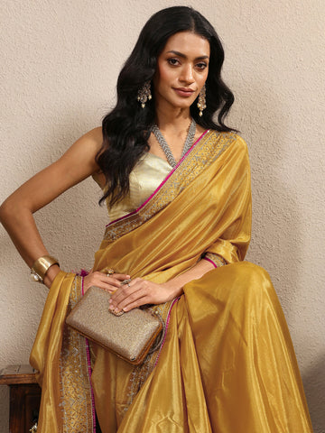 Mustard Solid Silk Blend Saree With Unstitched Blouse Piece