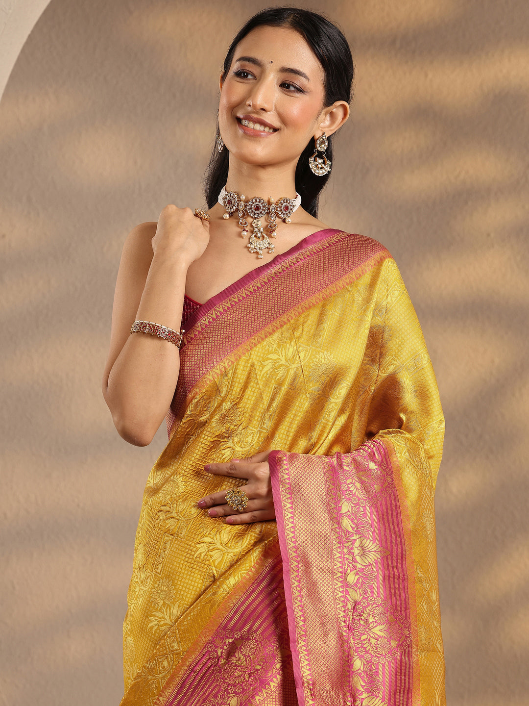  Mustard Woven Design Silk Blend Banarasi Saree With Unstitched Blouse Piece 
