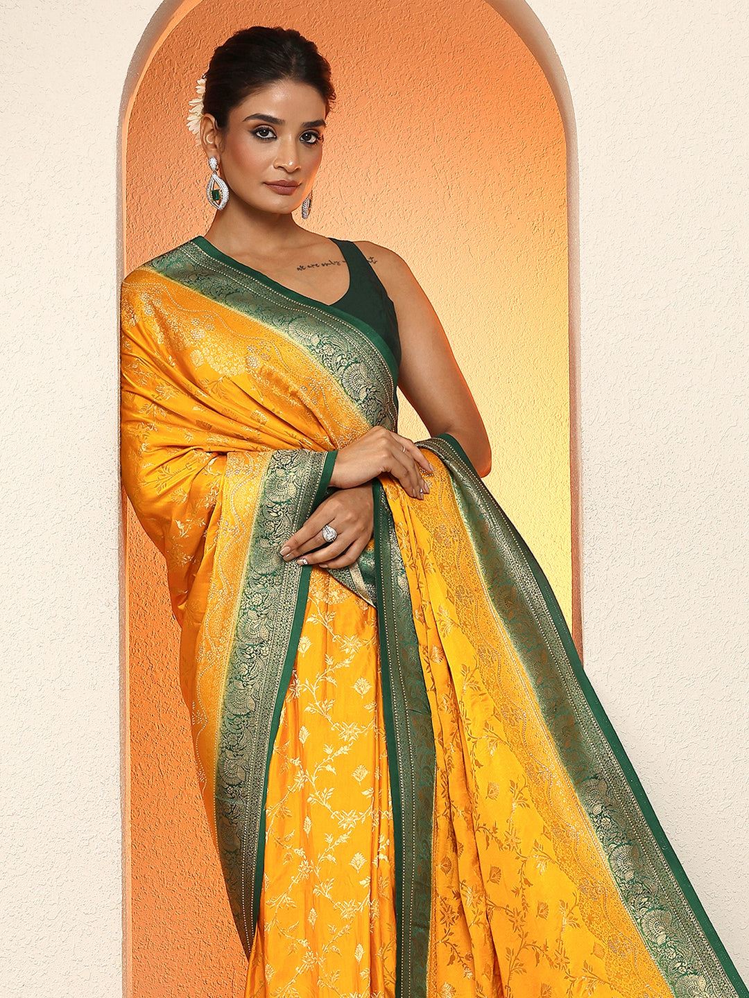  Mustard Woven Design Silk Blend Sarees With Unstitched Blouse Piece 
