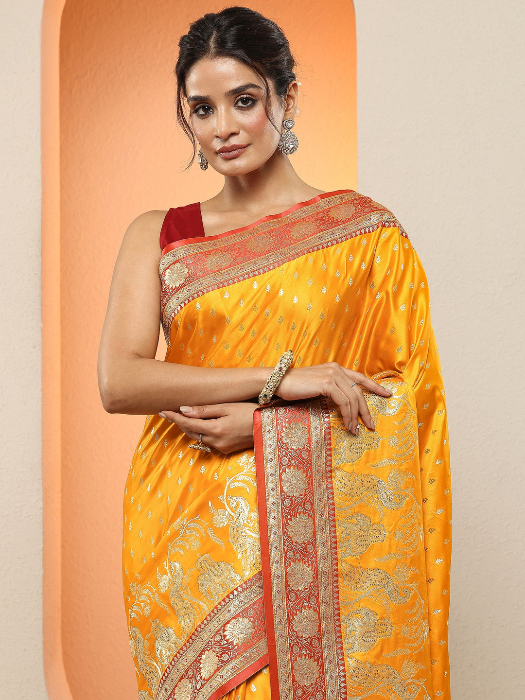 Mustard Woven Design Silk Blend Sarees With Unstitched Blouse Piece