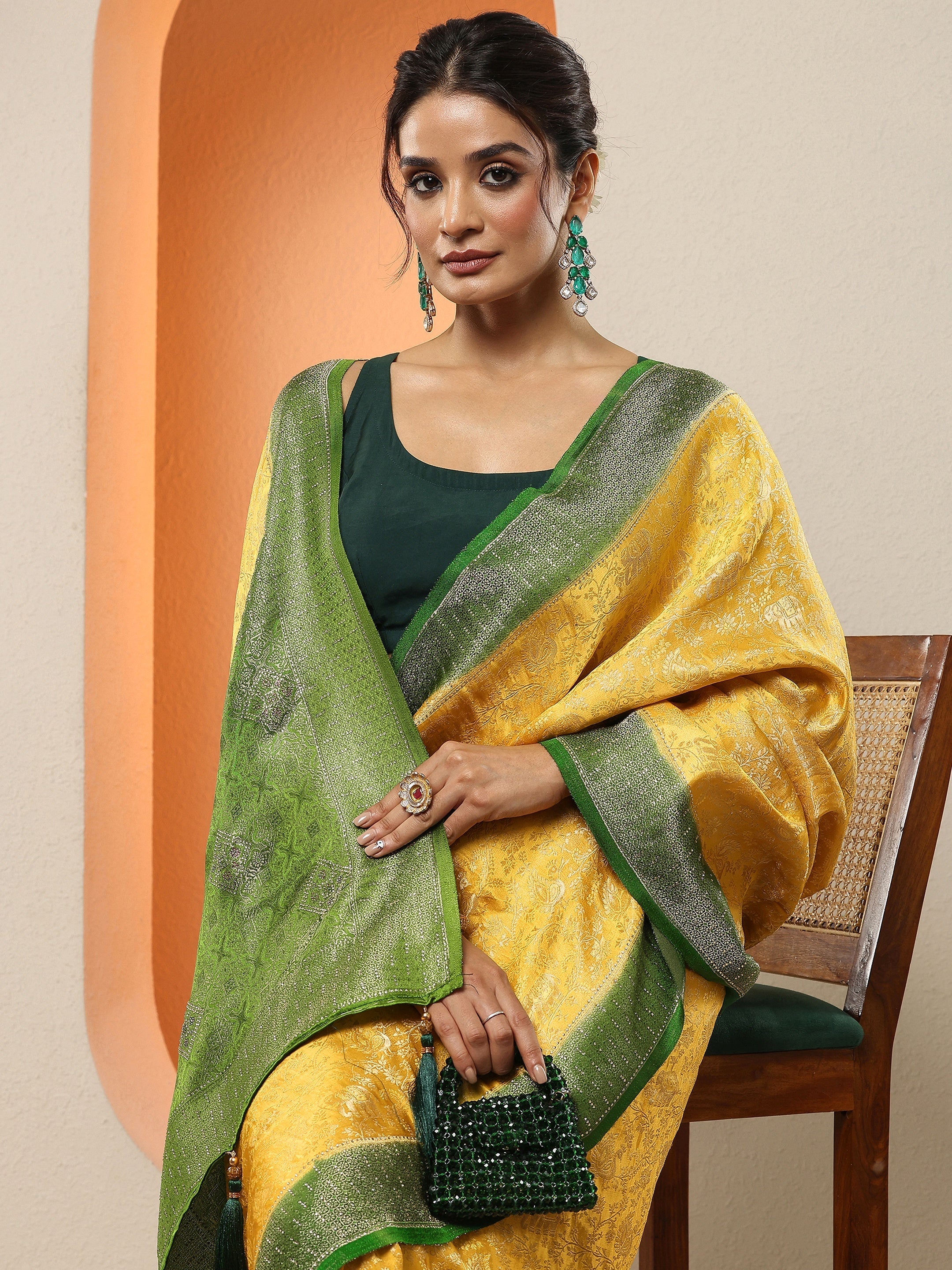 Mustard Woven Design Silk Blend Sarees With Unstitched Blouse Piece-image-21