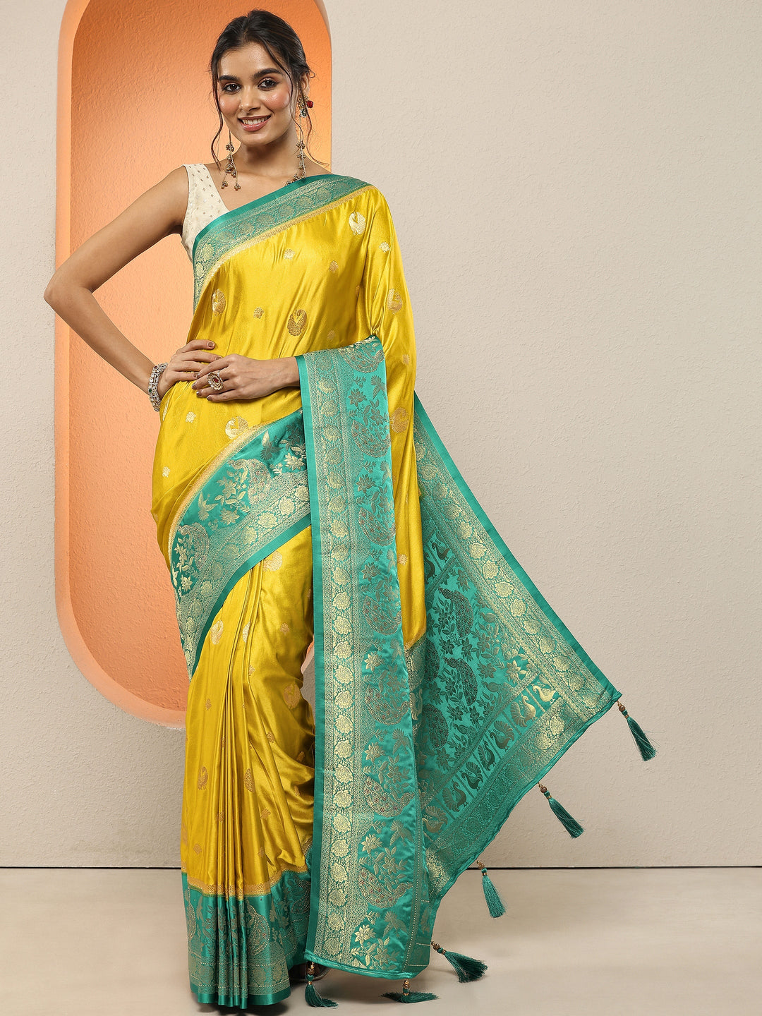Mustard Woven Design Silk Blend Sarees With Unstitched Blouse Piece