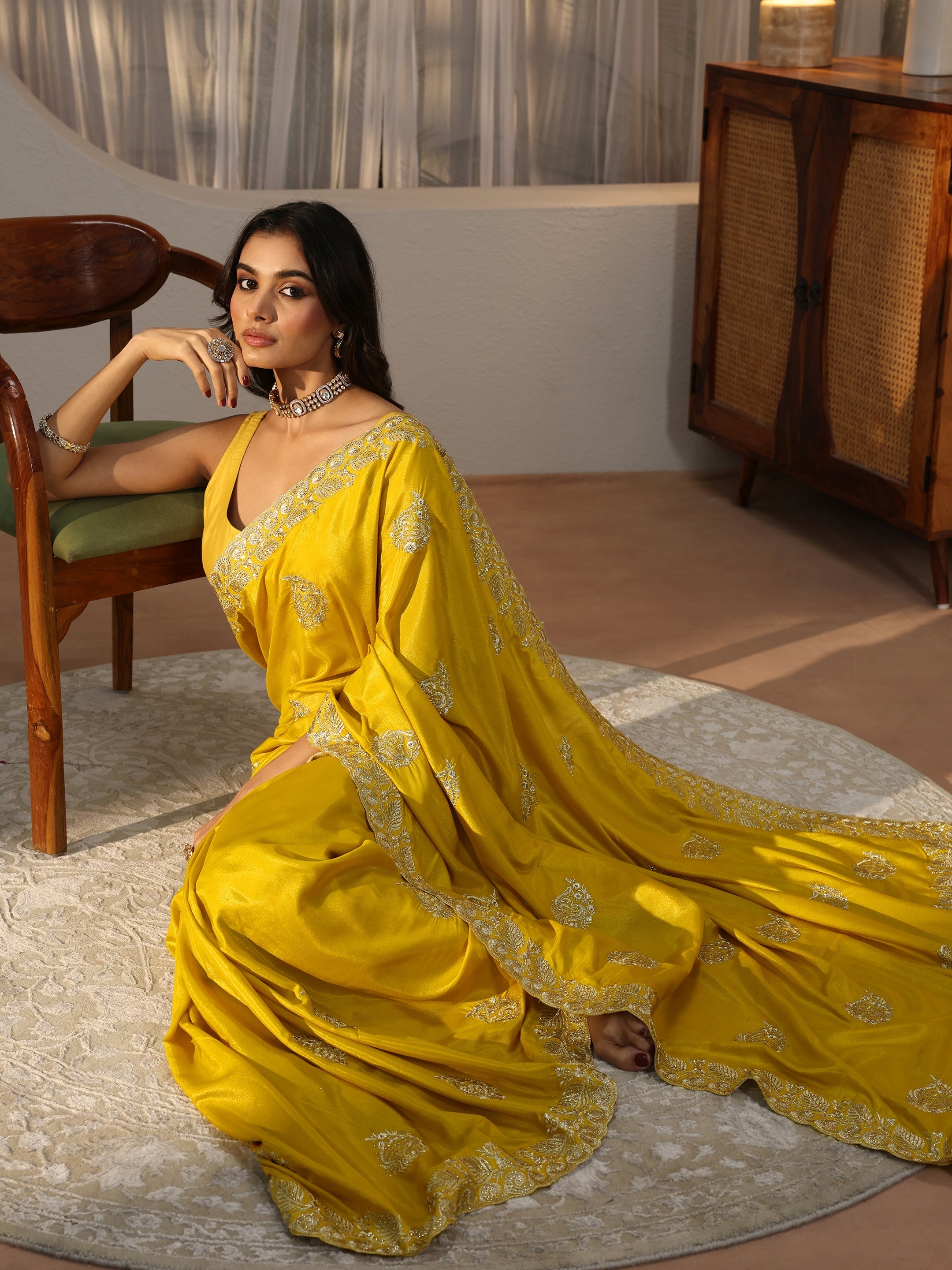 libas Mustard Floral Embroidered Satin Saree-picture-35