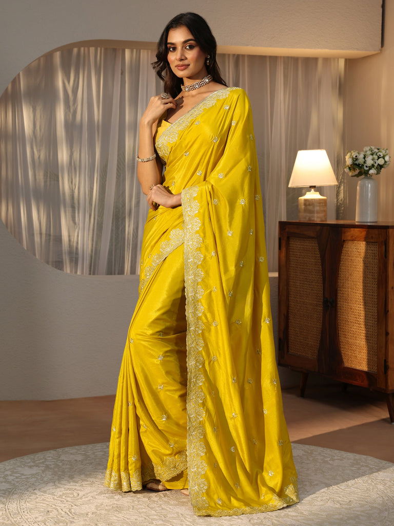 Libas Mustard Floral Embroidered Satin Saree