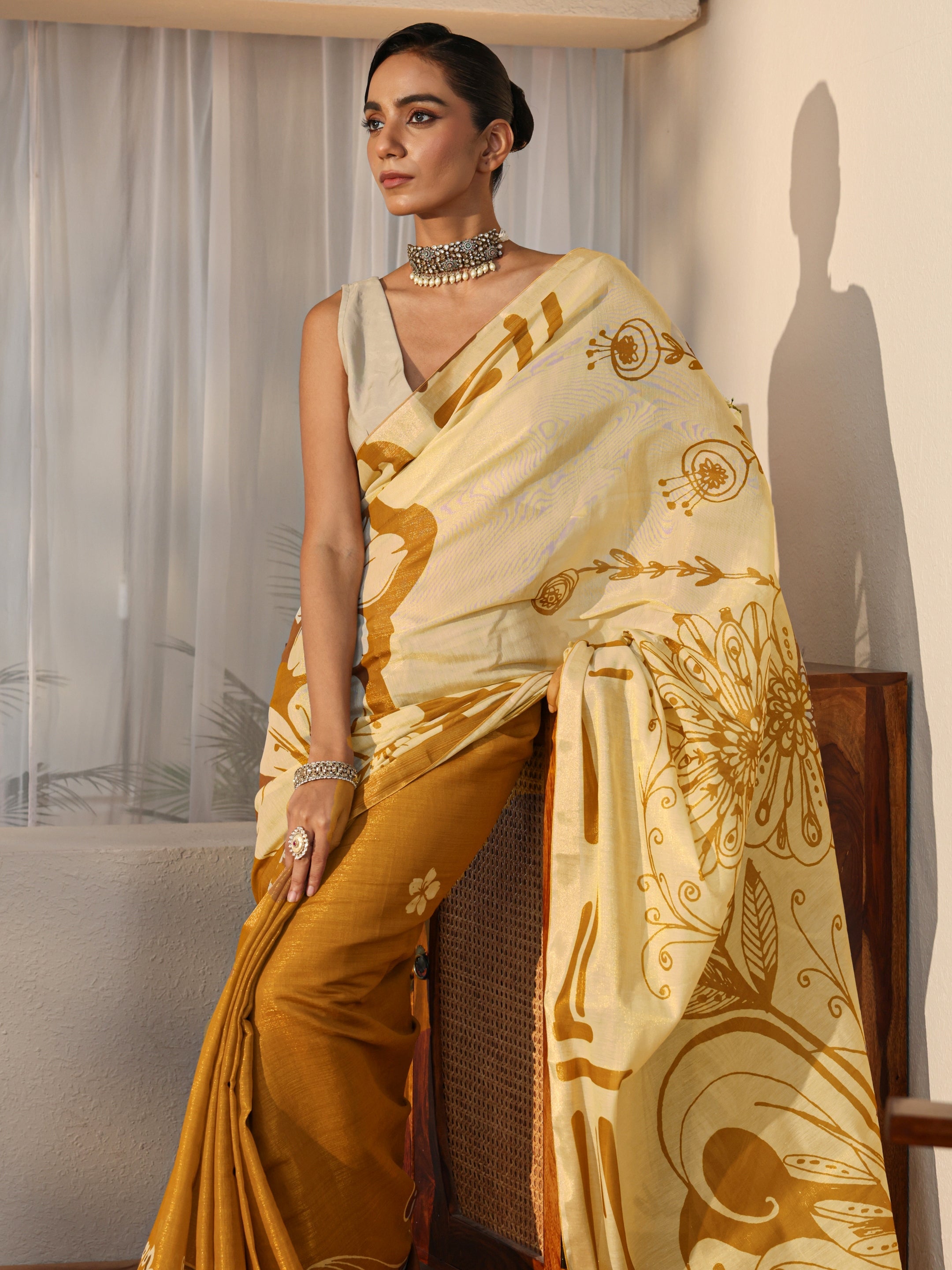 libas Mustard Floral Printed Cotton Blend Saree-picture-27