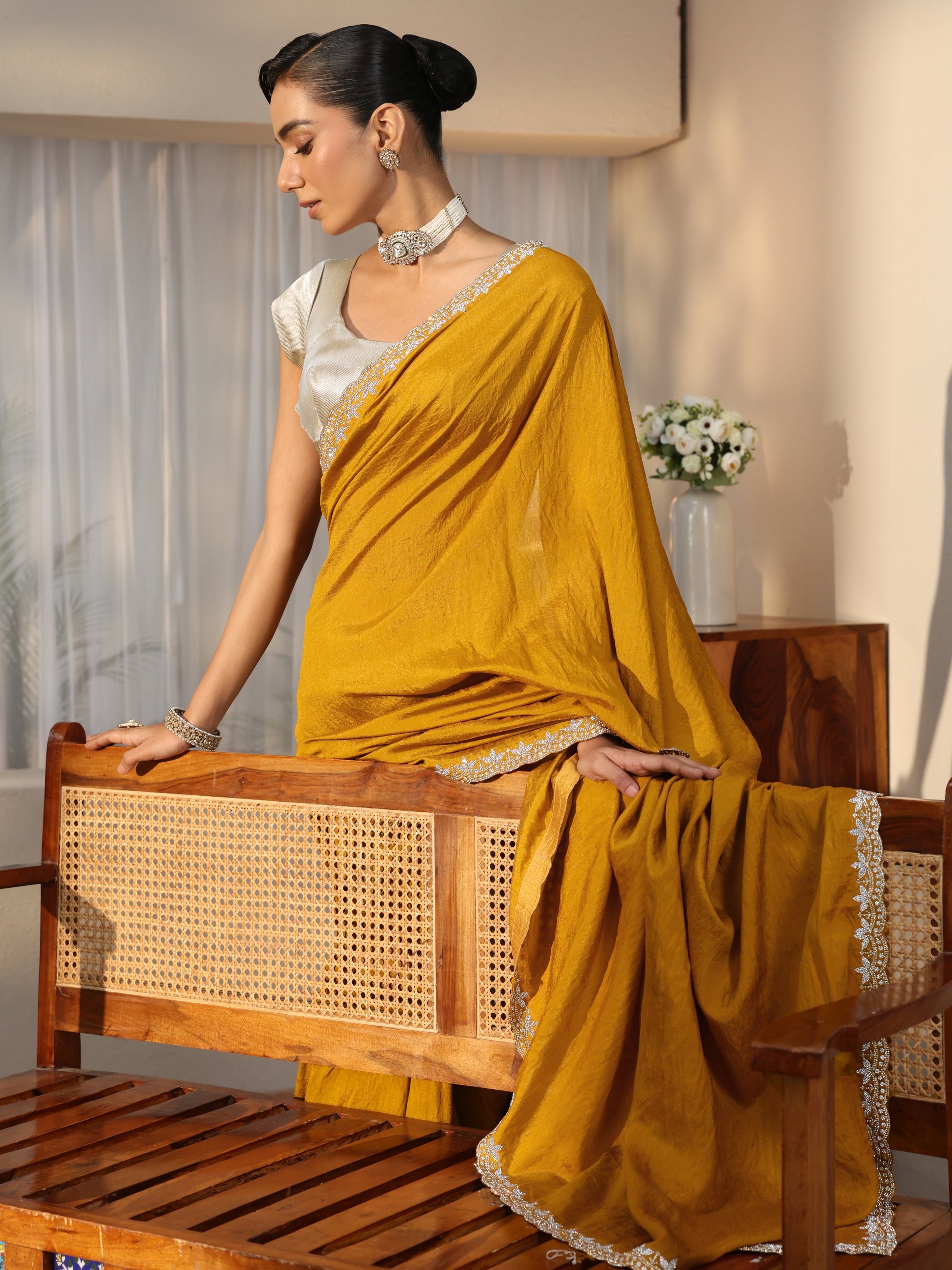 Libas Mustard Silk Blend Saree with Embellished Border-picture-19