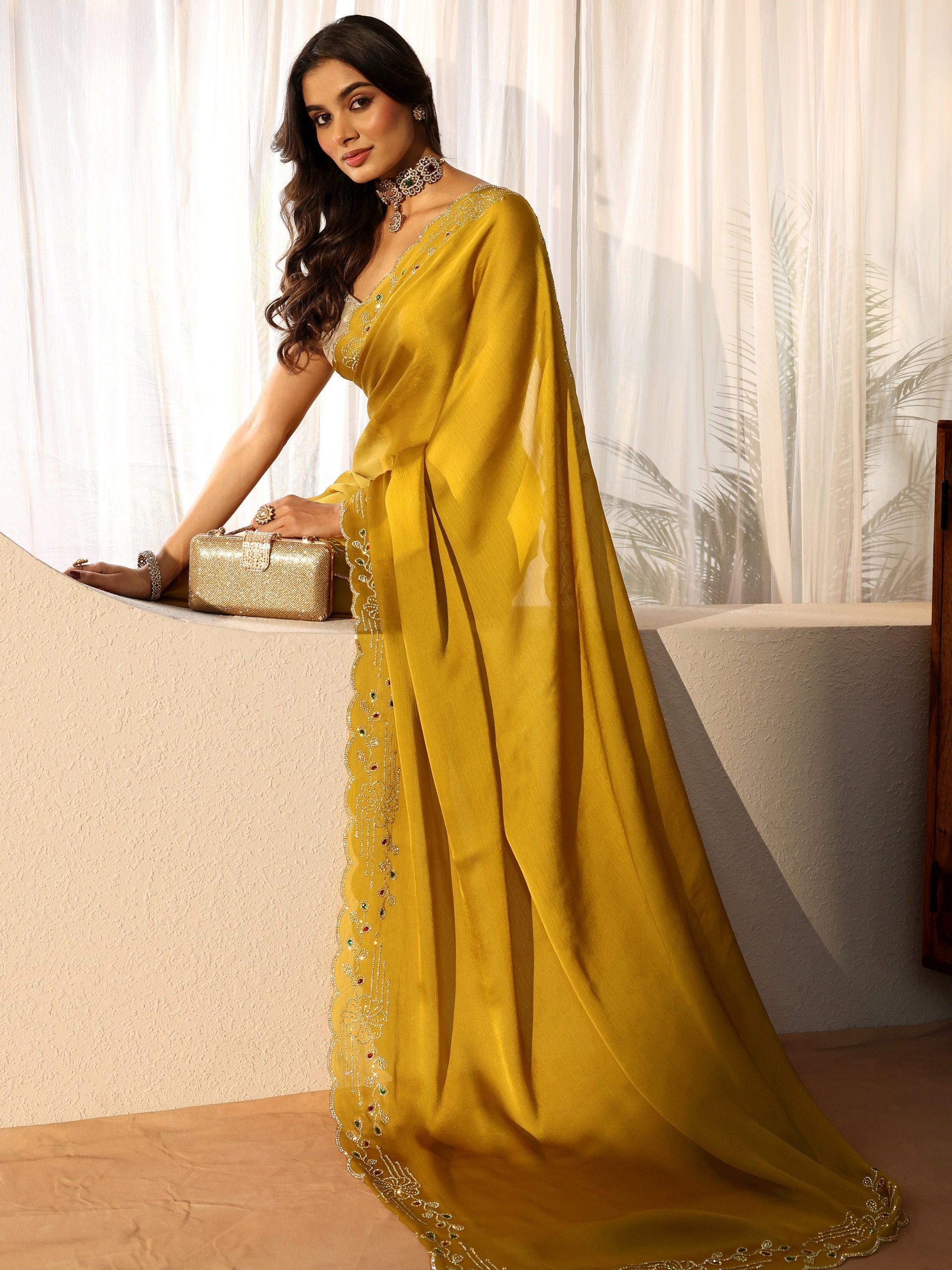 libas Mustard Silk Blend Saree with Embellished Border-picture-47