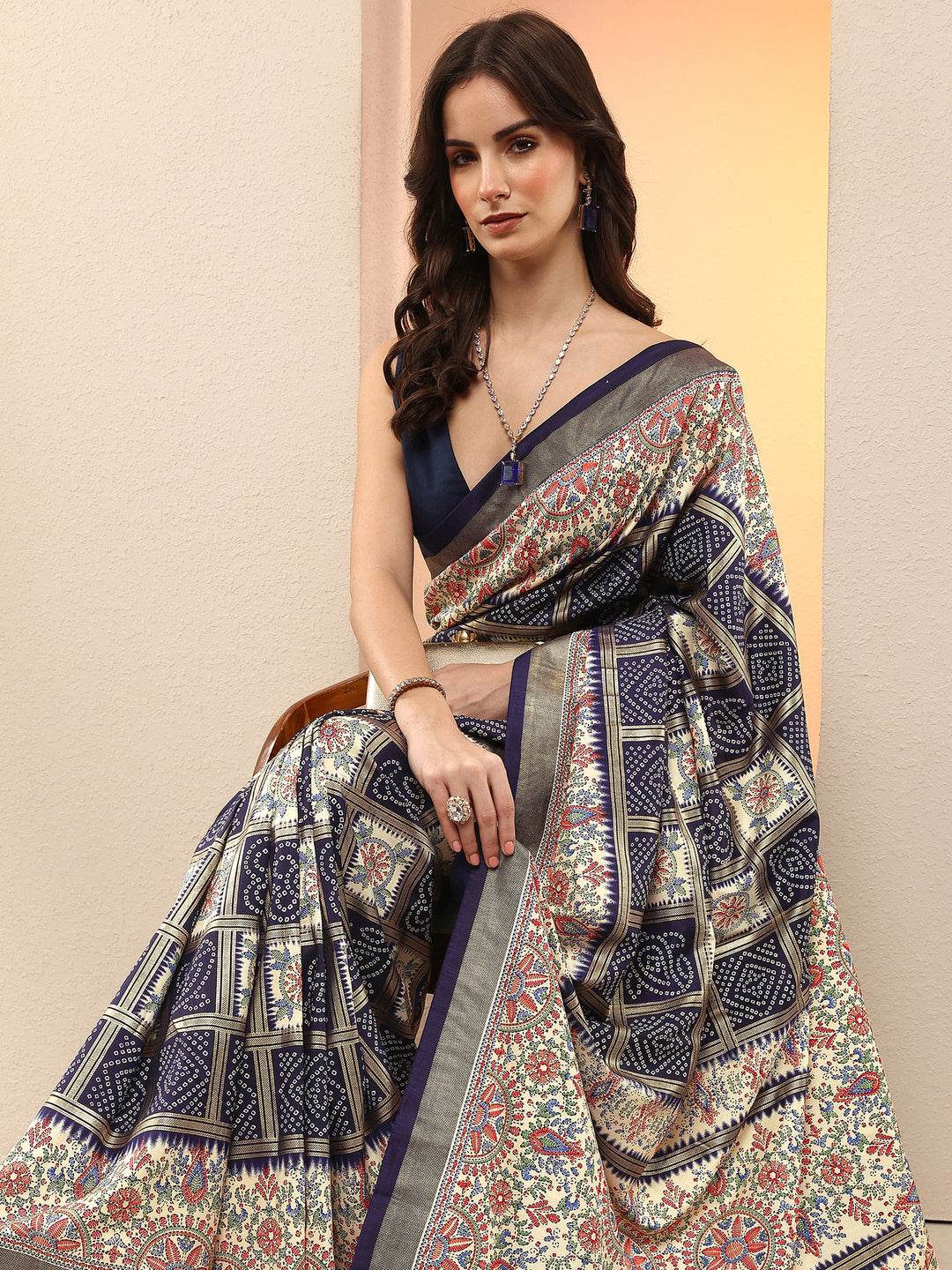 Navy Blue Bandhani Printed Sarees With Unstitched Blouse Piece